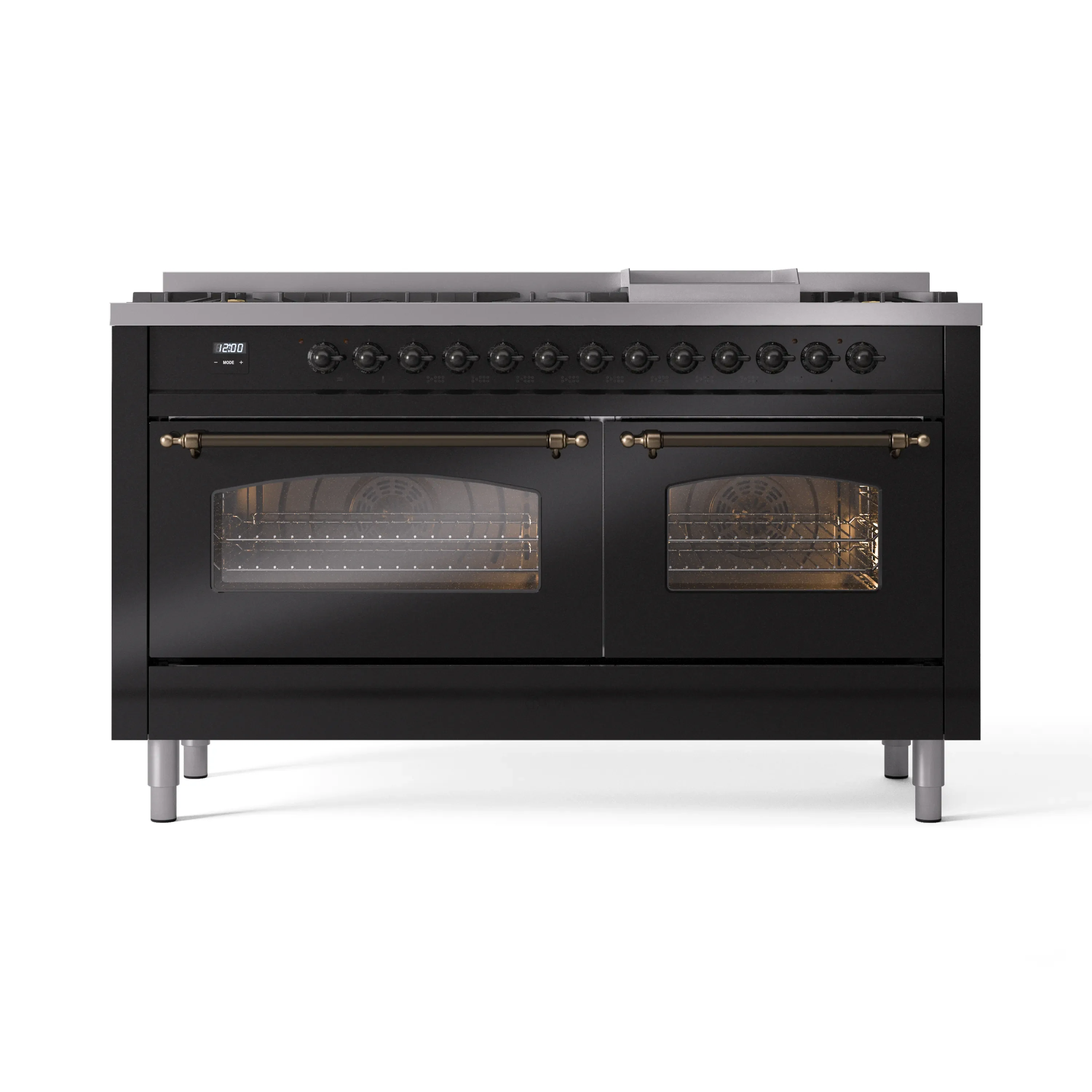 ILVE 60-Inch Nostalgie II Natural Gas Dual Fuel Range with 9 Burners, Griddle and Triple Glass Door Oven in Glossy Black with Bronze Trim (UP60FNMPBKB) - Image 6