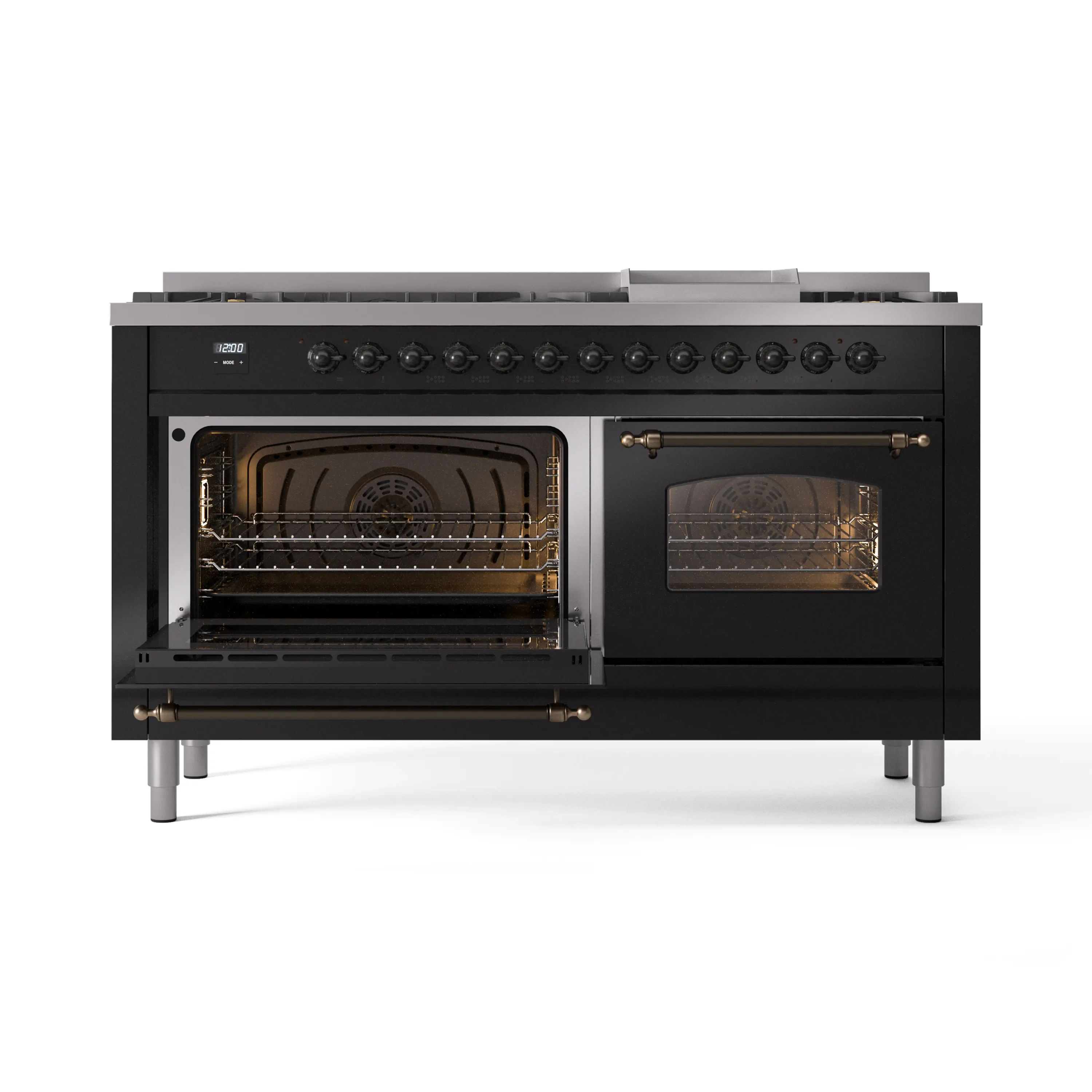 ILVE 60-Inch Nostalgie II Natural Gas Dual Fuel Range with 9 Burners, Griddle and Triple Glass Door Oven in Glossy Black with Bronze Trim (UP60FNMPBKB) - Image 7
