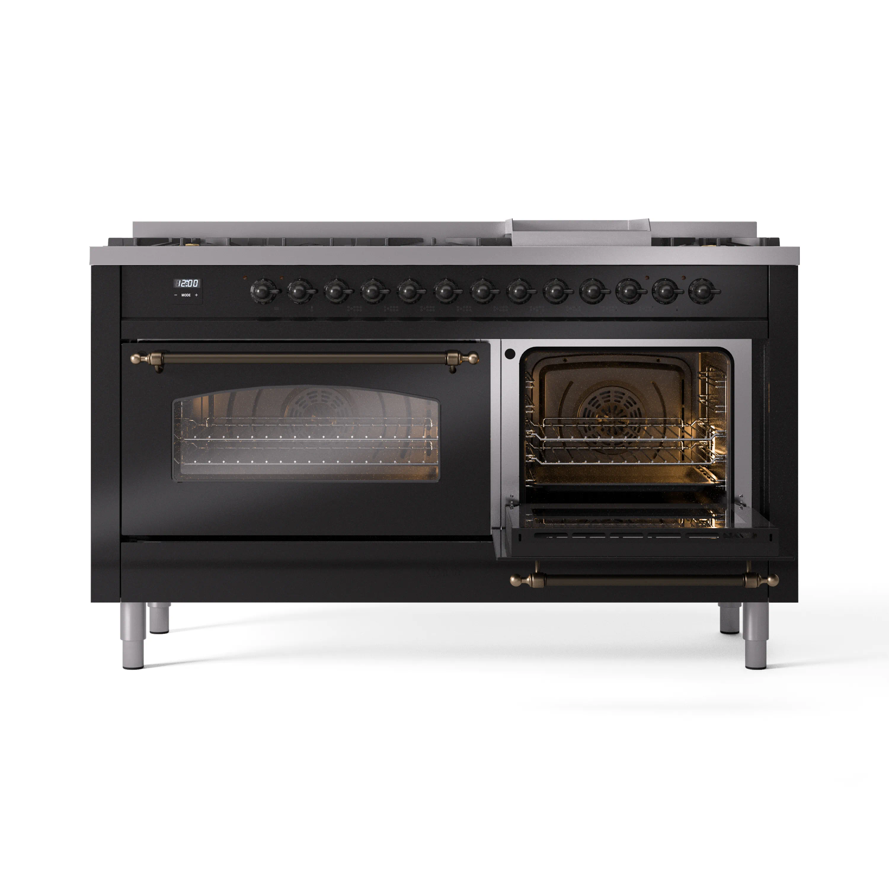 ILVE 60-Inch Nostalgie II Natural Gas Dual Fuel Range with 9 Burners, Griddle and Triple Glass Door Oven in Glossy Black with Bronze Trim (UP60FNMPBKB) - Image 8