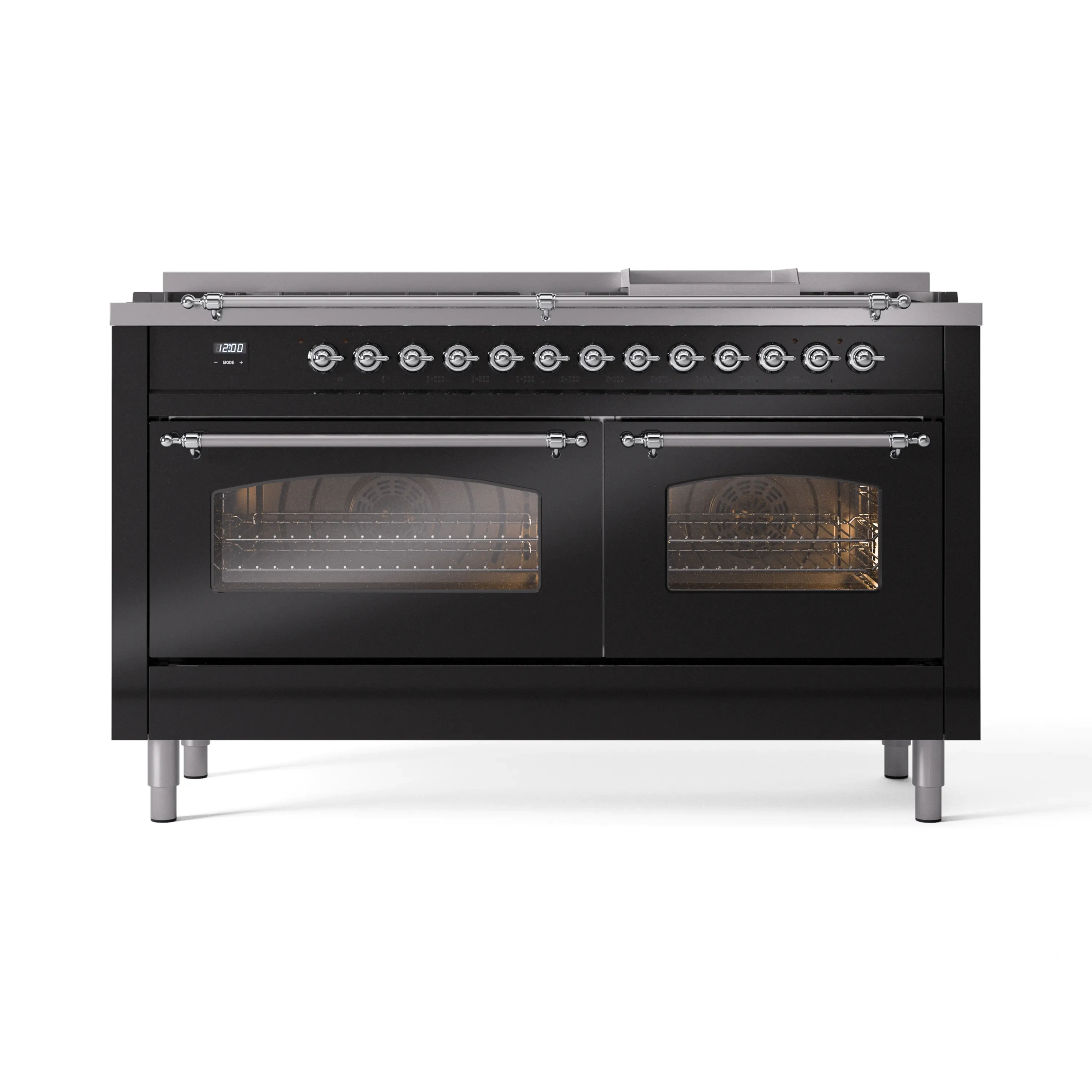 ILVE 60-Inch Nostalgie II Natural Gas Dual Fuel Range with 9 Burners, Griddle and Triple Glass Door Oven in Glossy Black with Chrome Trim (UP60FNMPBKC) - Image 2