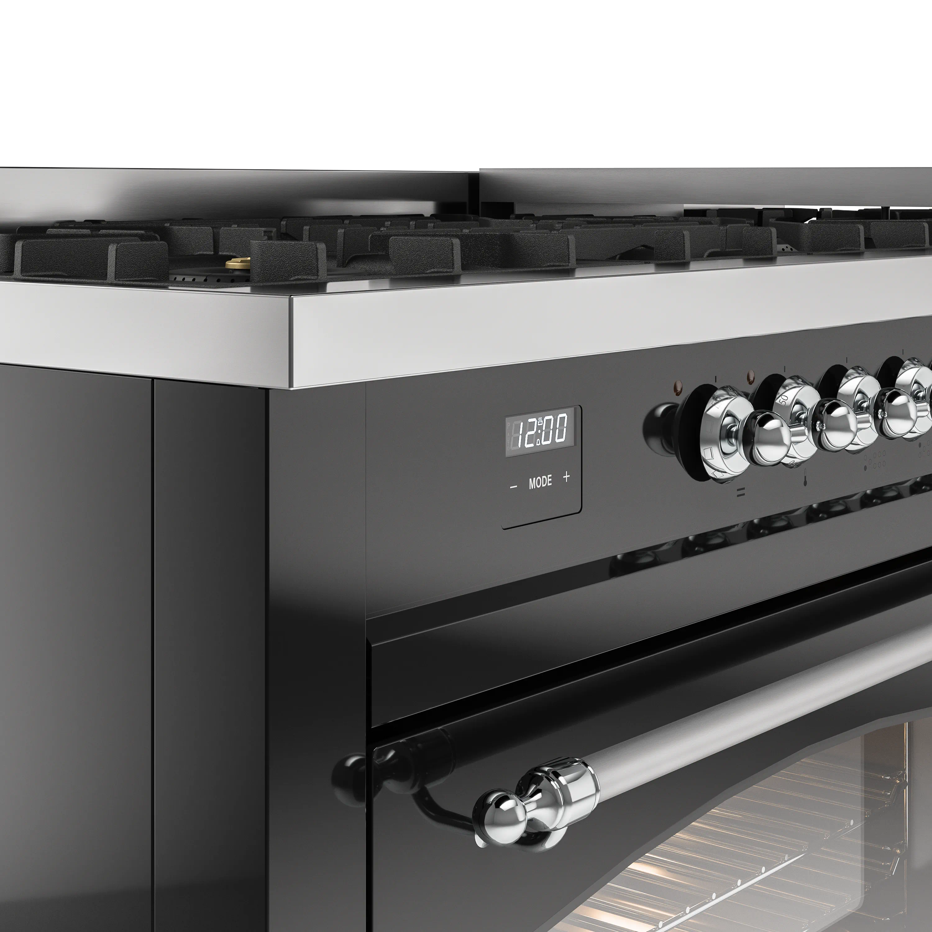 ILVE 60-Inch Nostalgie II Natural Gas Dual Fuel Range with 9 Burners, Griddle and Triple Glass Door Oven in Glossy Black with Chrome Trim (UP60FNMPBKC) - Image 3