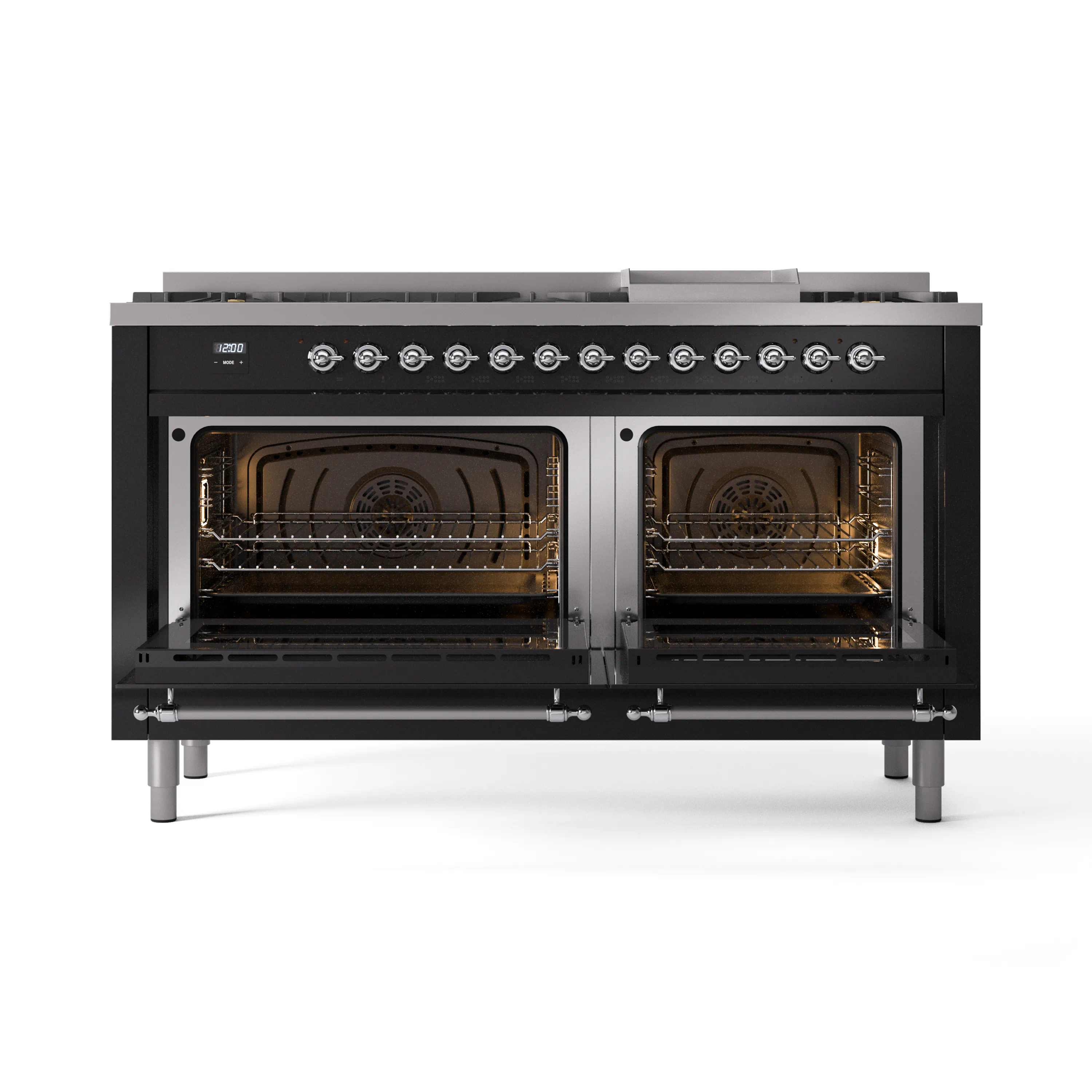 ILVE 60-Inch Nostalgie II Natural Gas Dual Fuel Range with 9 Burners, Griddle and Triple Glass Door Oven in Glossy Black with Chrome Trim (UP60FNMPBKC) - Image 5