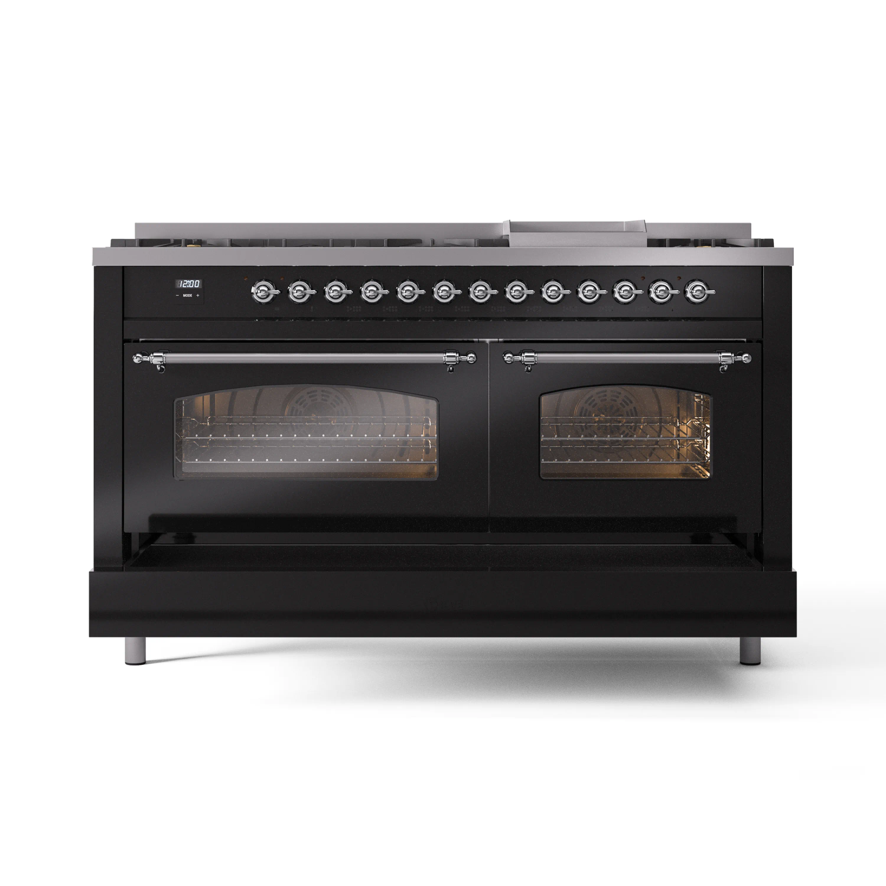 ILVE 60-Inch Nostalgie II Natural Gas Dual Fuel Range with 9 Burners, Griddle and Triple Glass Door Oven in Glossy Black with Chrome Trim (UP60FNMPBKC) - Image 6