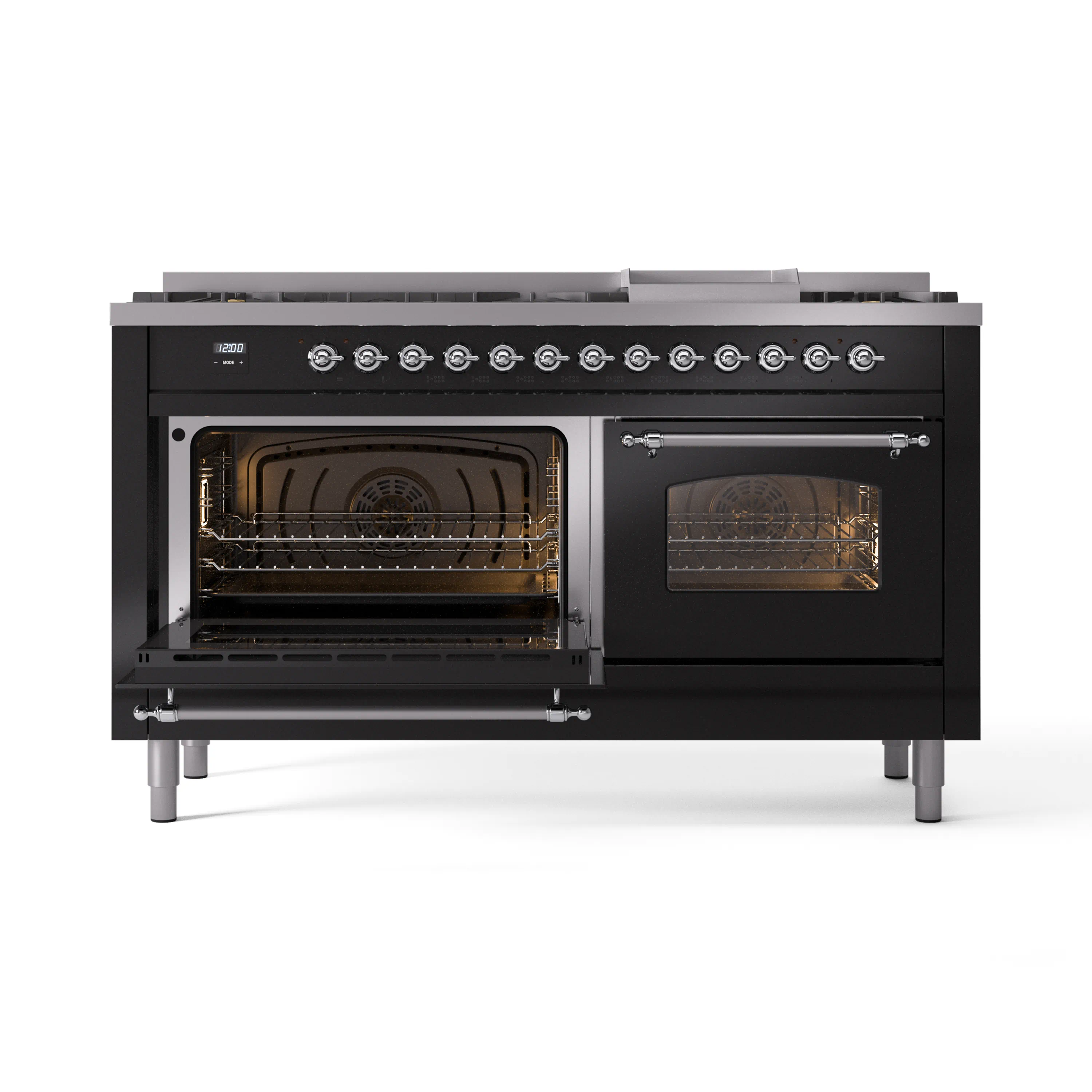 ILVE 60-Inch Nostalgie II Natural Gas Dual Fuel Range with 9 Burners, Griddle and Triple Glass Door Oven in Glossy Black with Chrome Trim (UP60FNMPBKC) - Image 7