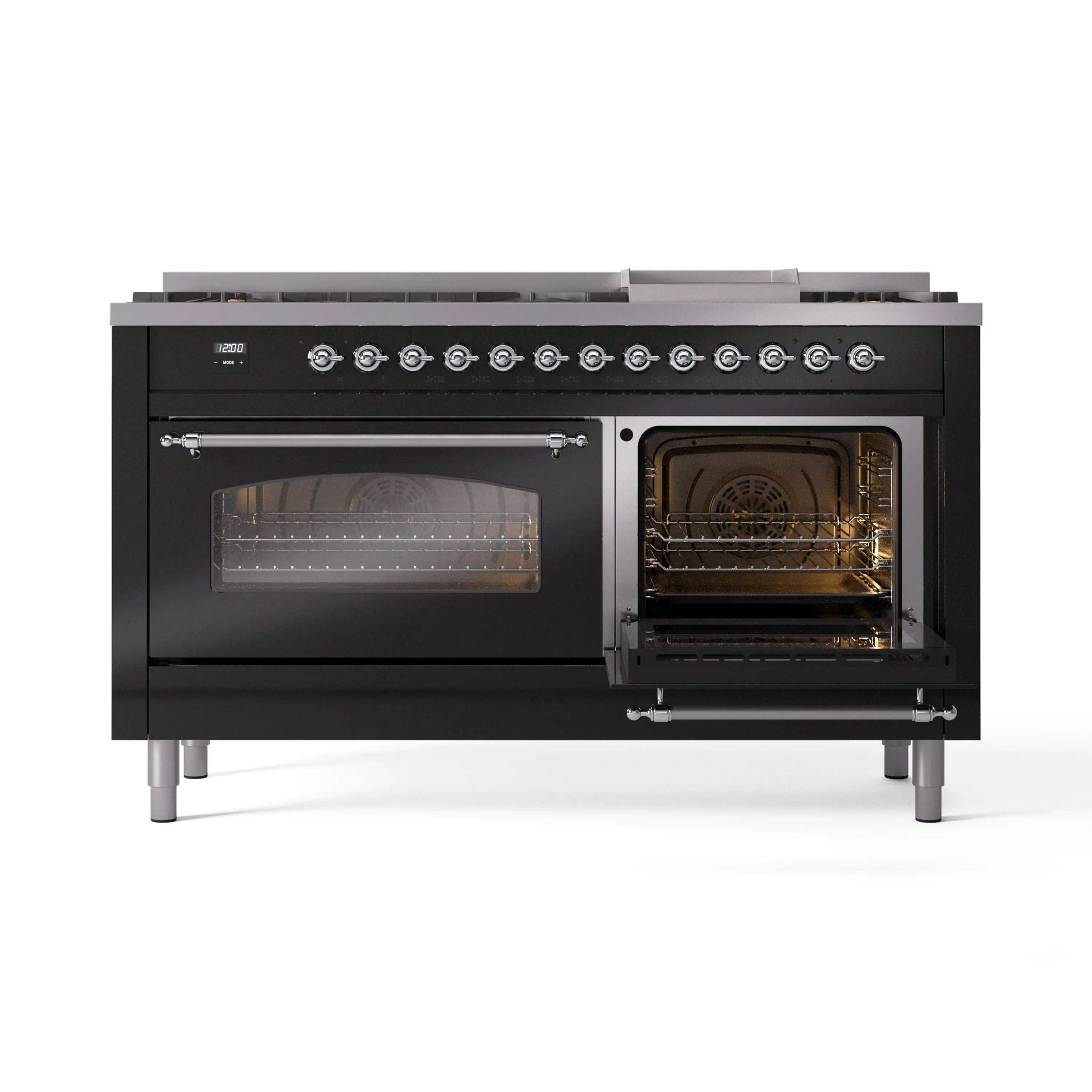 ILVE 60-Inch Nostalgie II Natural Gas Dual Fuel Range with 9 Burners, Griddle and Triple Glass Door Oven in Glossy Black with Chrome Trim (UP60FNMPBKC) - Image 9