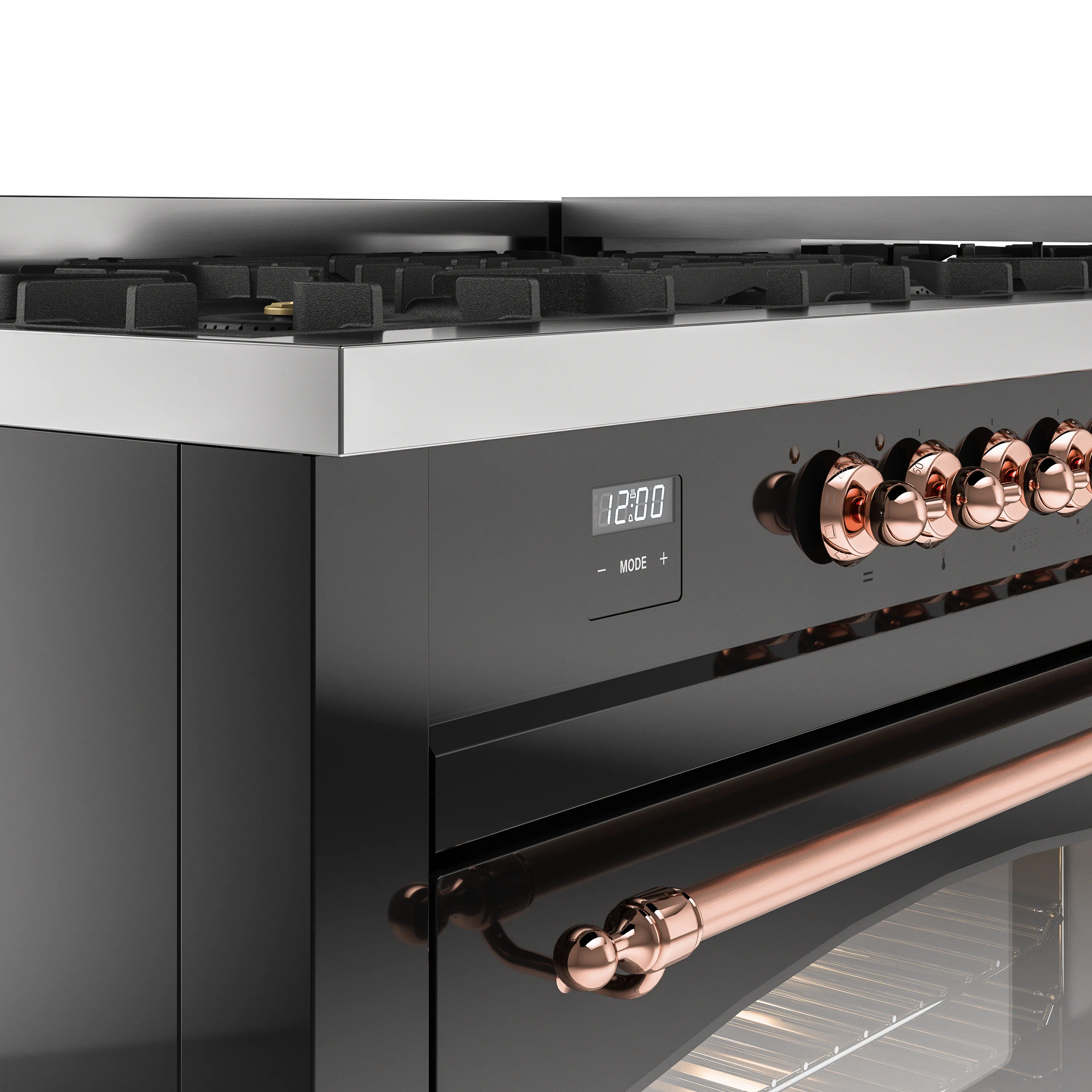 ILVE 60-Inch Nostalgie II Natural Gas Dual Fuel Range with 9 Burners, Griddle and Triple Glass Door Oven in Glossy Black with Copper Trim (UP60FNMPBKP) - Image 3