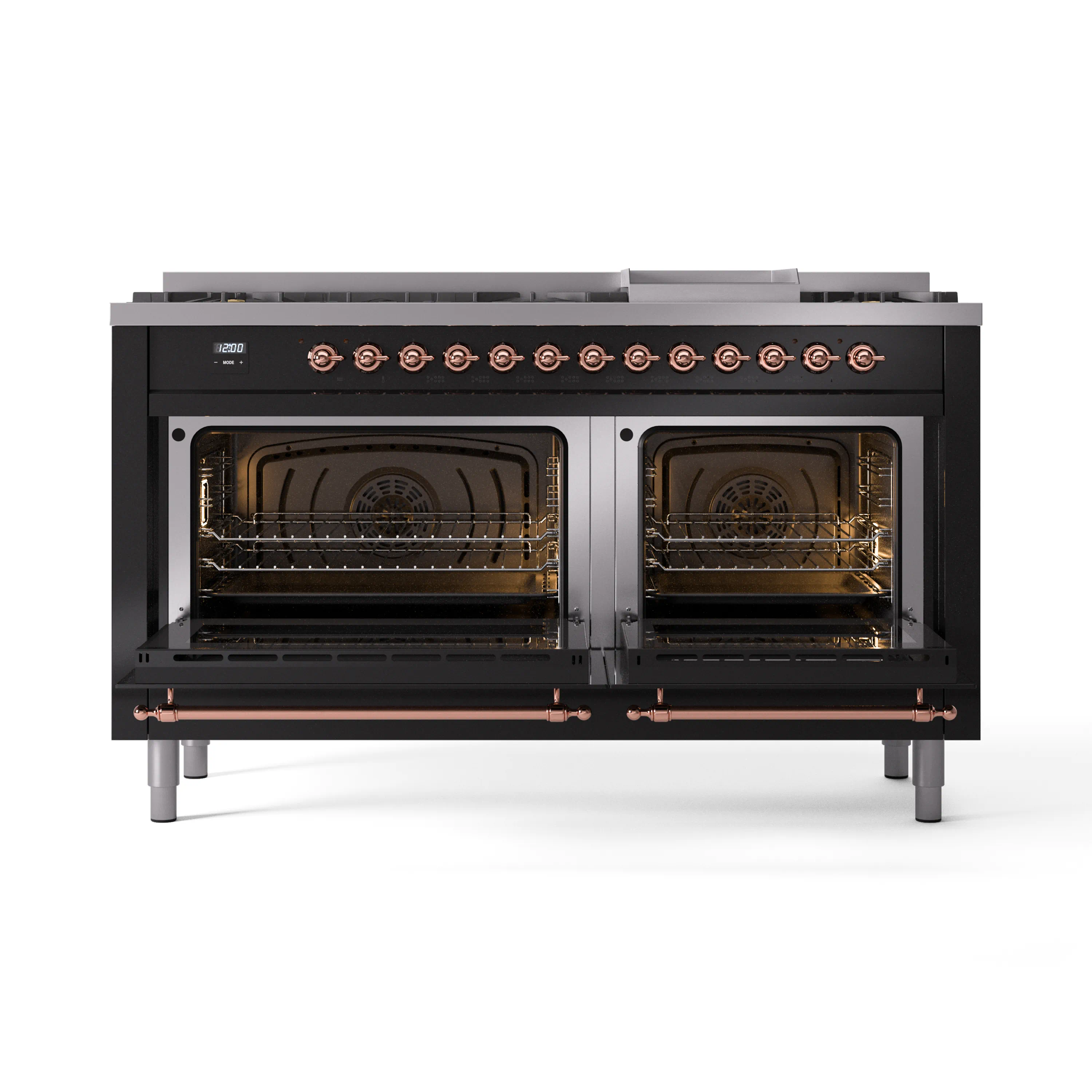 ILVE 60-Inch Nostalgie II Natural Gas Dual Fuel Range with 9 Burners, Griddle and Triple Glass Door Oven in Glossy Black with Copper Trim (UP60FNMPBKP) - Image 5