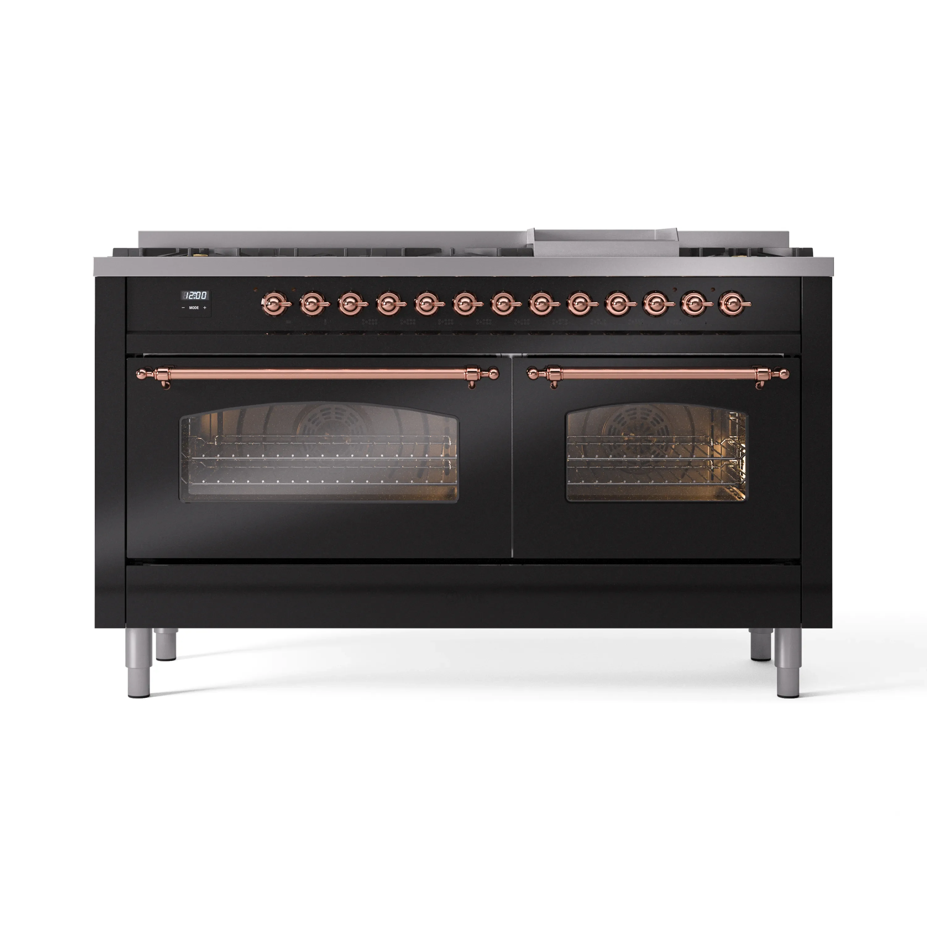 ILVE 60-Inch Nostalgie II Natural Gas Dual Fuel Range with 9 Burners, Griddle and Triple Glass Door Oven in Glossy Black with Copper Trim (UP60FNMPBKP) - Image 6