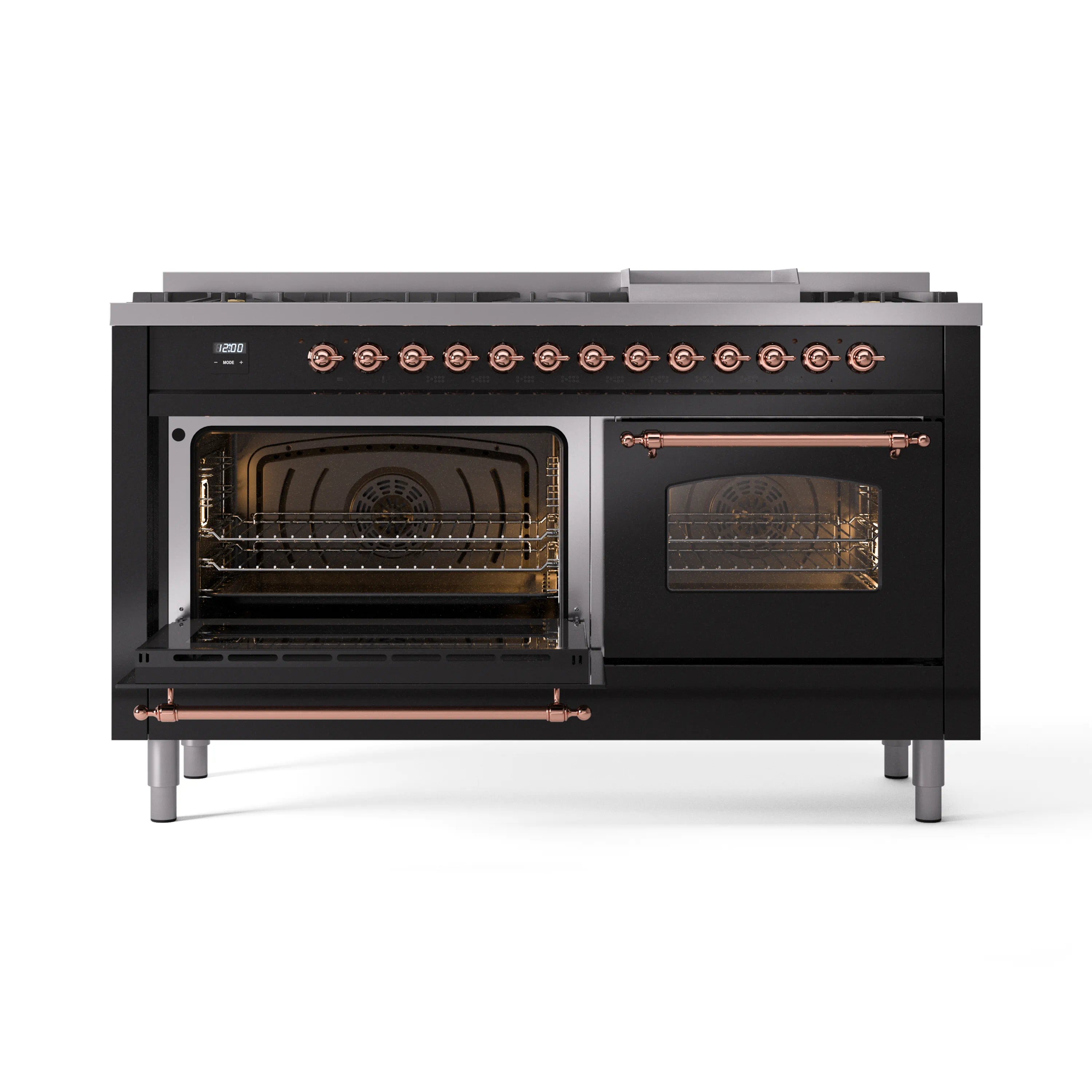 ILVE 60-Inch Nostalgie II Natural Gas Dual Fuel Range with 9 Burners, Griddle and Triple Glass Door Oven in Glossy Black with Copper Trim (UP60FNMPBKP) - Image 8