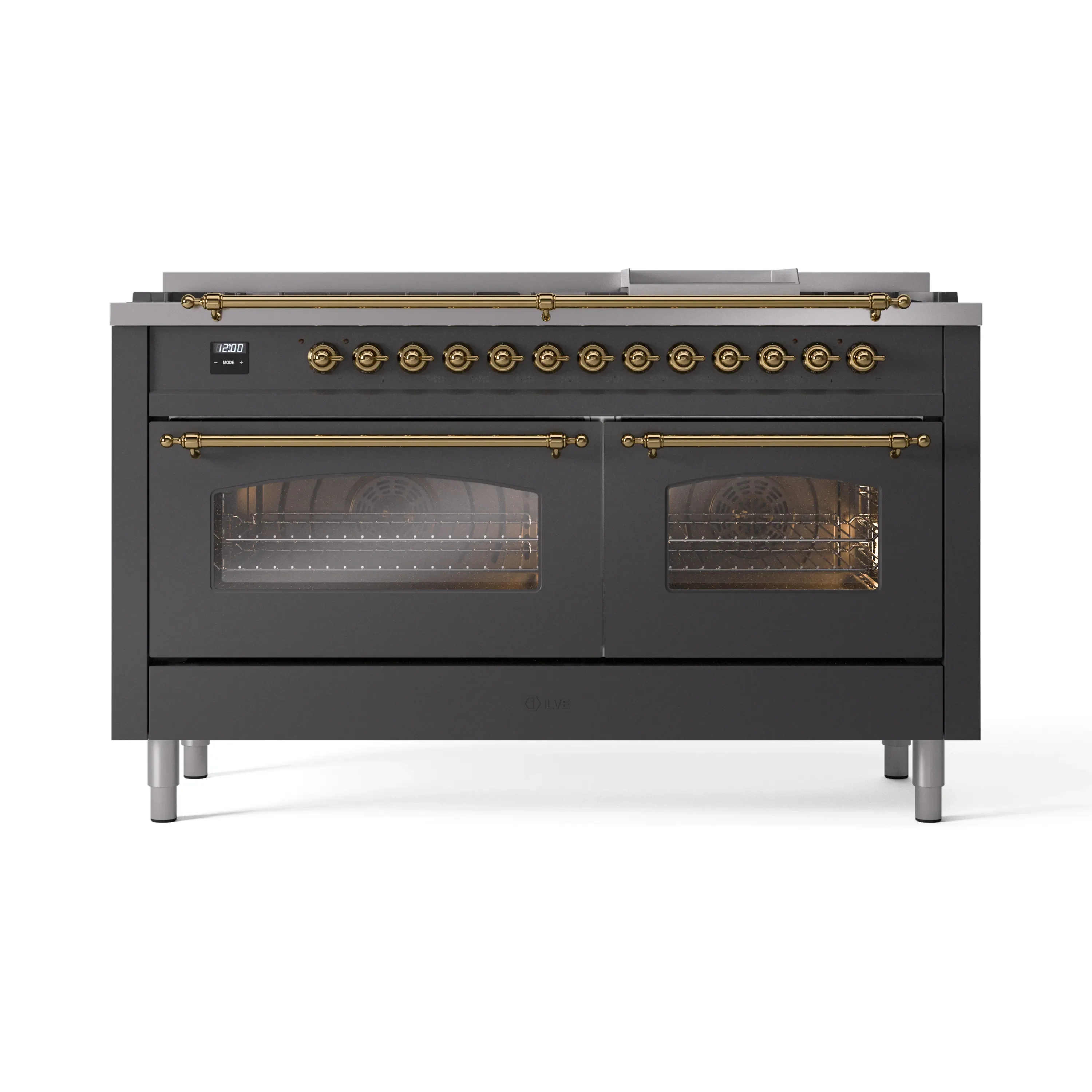ILVE 60-Inch Nostalgie II Natural Gas Dual Fuel Range with 9 Burners, Griddle and Triple Glass Door Oven in Matte Graphite with Brass Trim (UP60FNMPMGG) - Image 2