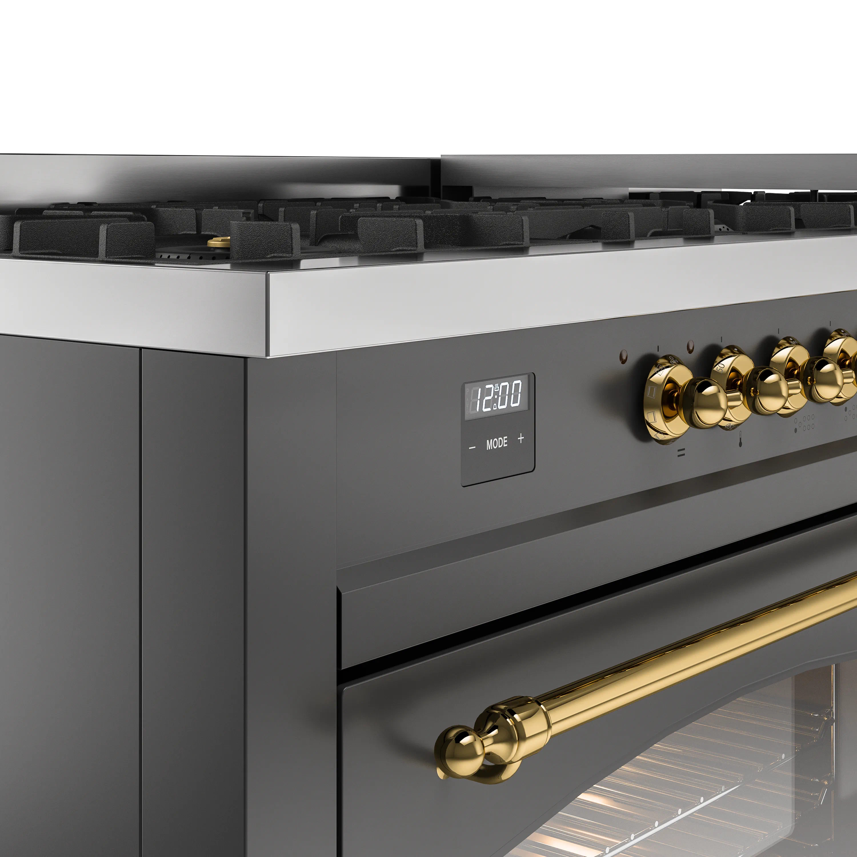 ILVE 60-Inch Nostalgie II Natural Gas Dual Fuel Range with 9 Burners, Griddle and Triple Glass Door Oven in Matte Graphite with Brass Trim (UP60FNMPMGG) - Image 3