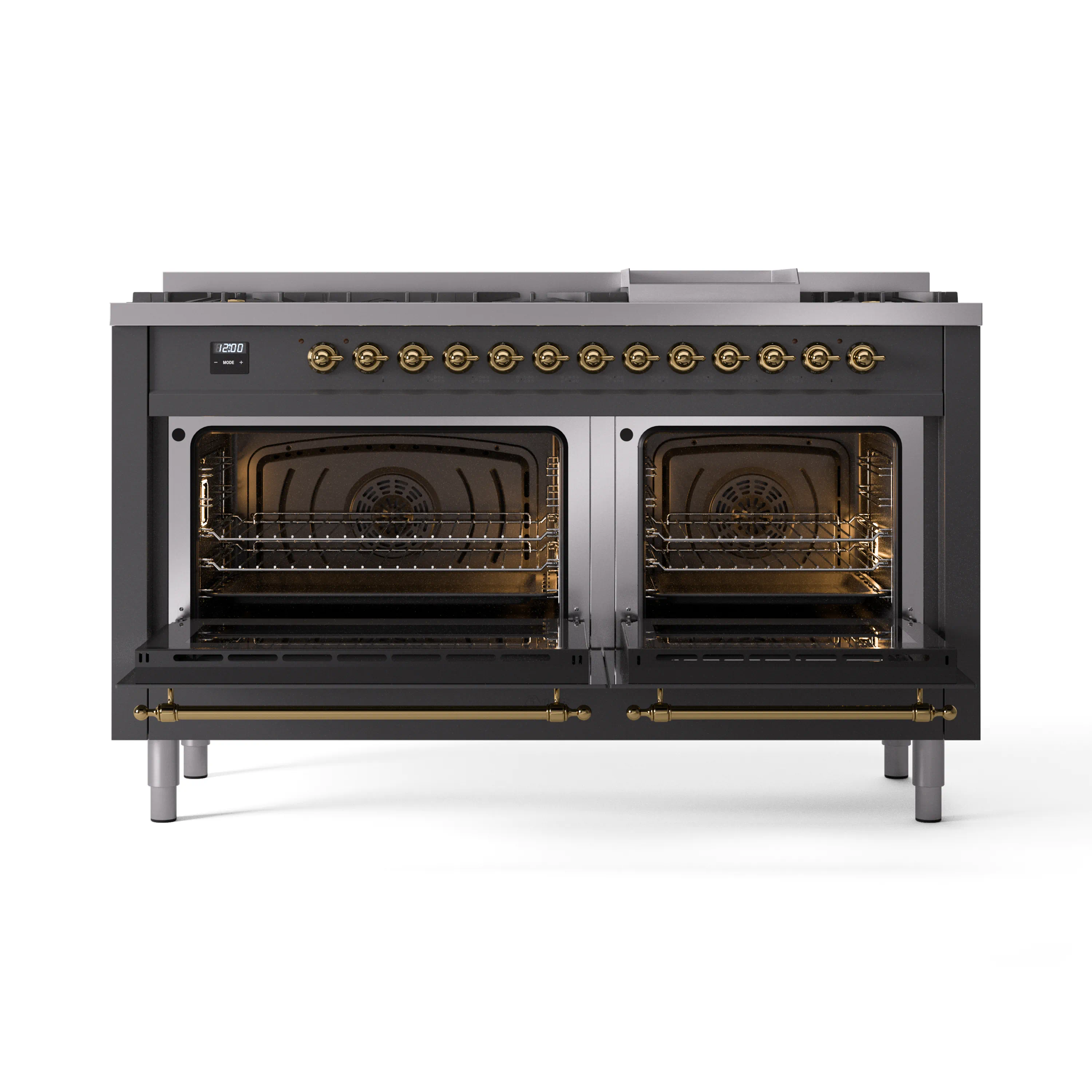 ILVE 60-Inch Nostalgie II Natural Gas Dual Fuel Range with 9 Burners, Griddle and Triple Glass Door Oven in Matte Graphite with Brass Trim (UP60FNMPMGG) - Image 5