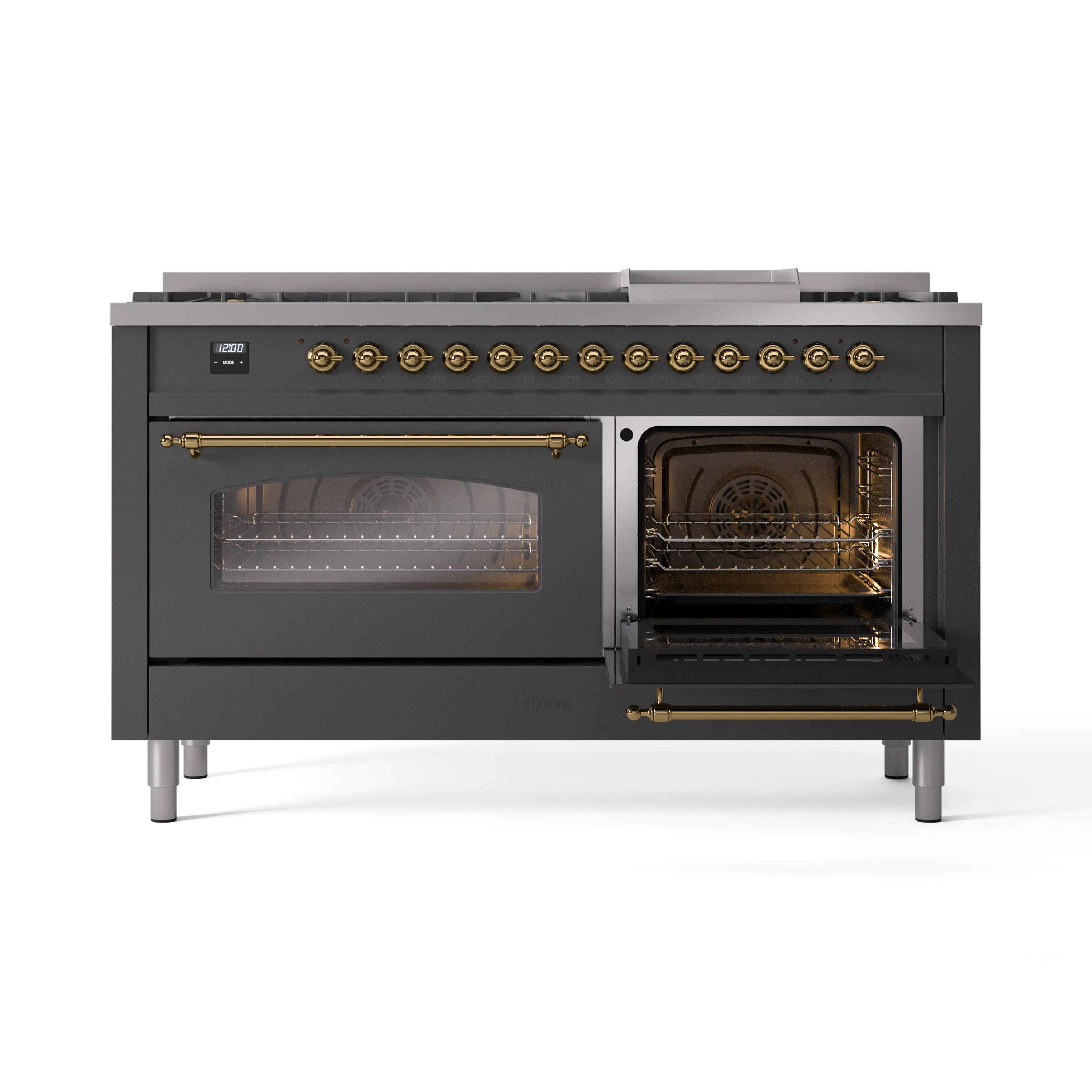ILVE 60-Inch Nostalgie II Natural Gas Dual Fuel Range with 9 Burners, Griddle and Triple Glass Door Oven in Matte Graphite with Brass Trim (UP60FNMPMGG) - Image 7