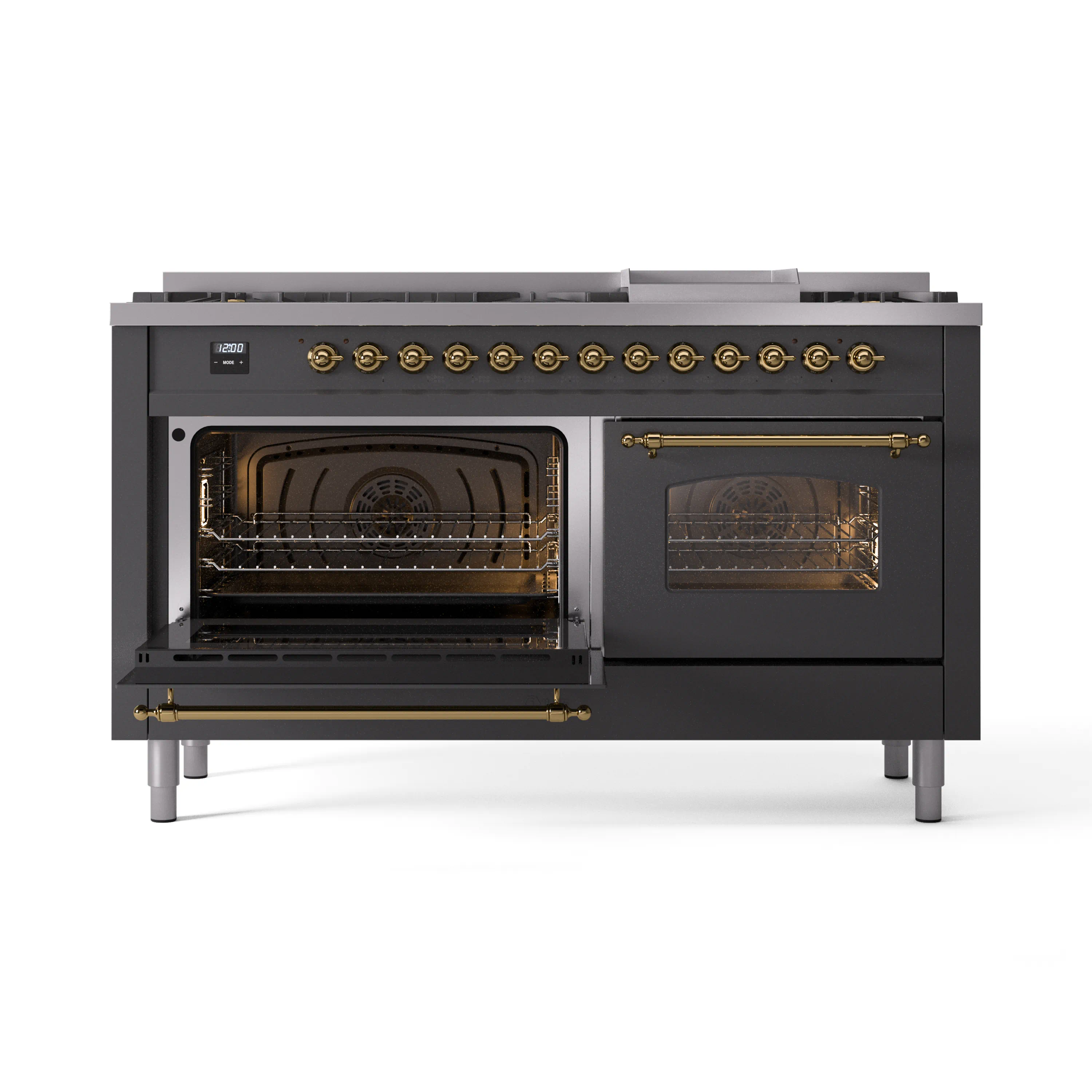 ILVE 60-Inch Nostalgie II Natural Gas Dual Fuel Range with 9 Burners, Griddle and Triple Glass Door Oven in Matte Graphite with Brass Trim (UP60FNMPMGG) - Image 8