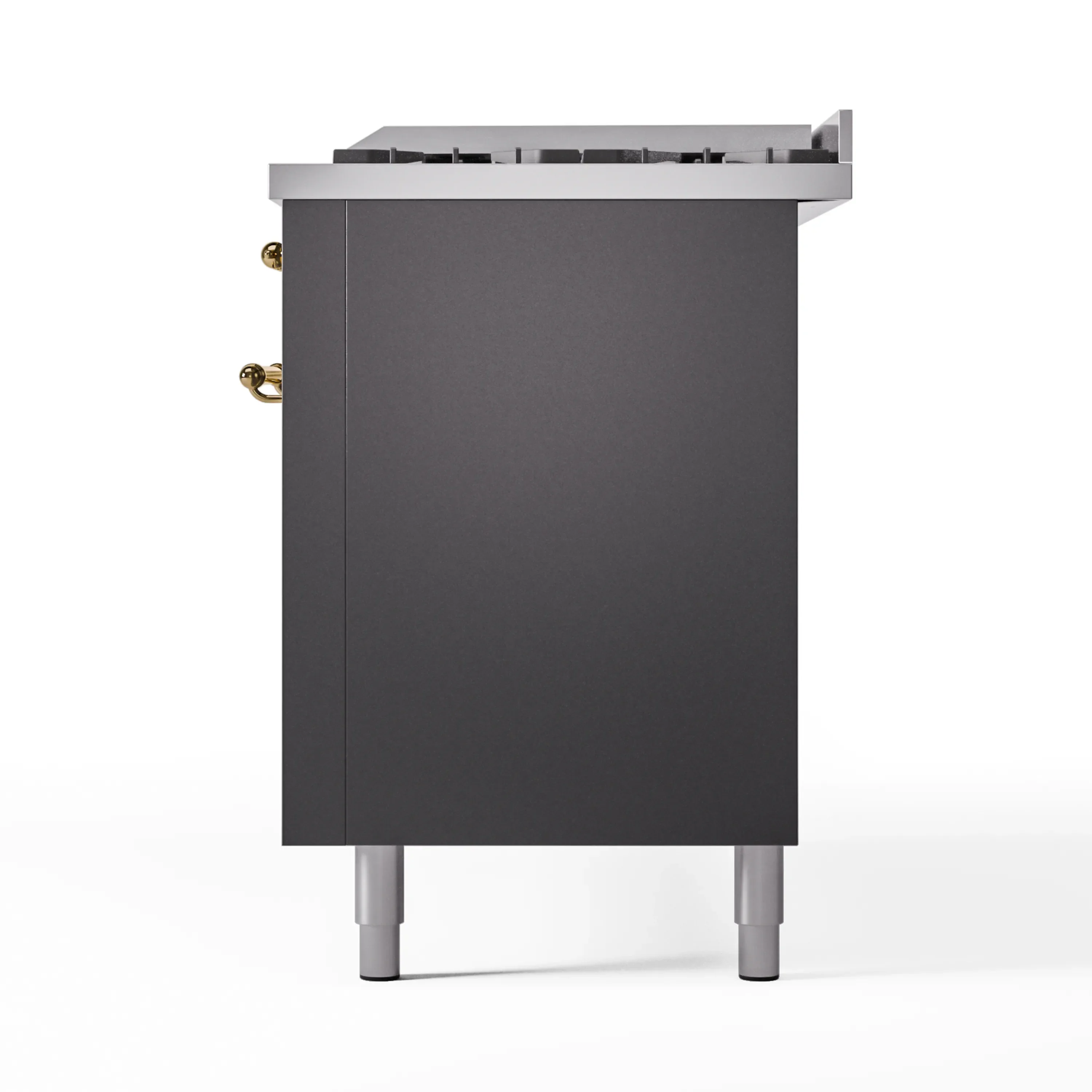 ILVE 60-Inch Nostalgie II Natural Gas Dual Fuel Range with 9 Burners, Griddle and Triple Glass Door Oven in Matte Graphite with Brass Trim (UP60FNMPMGG) - Image 9