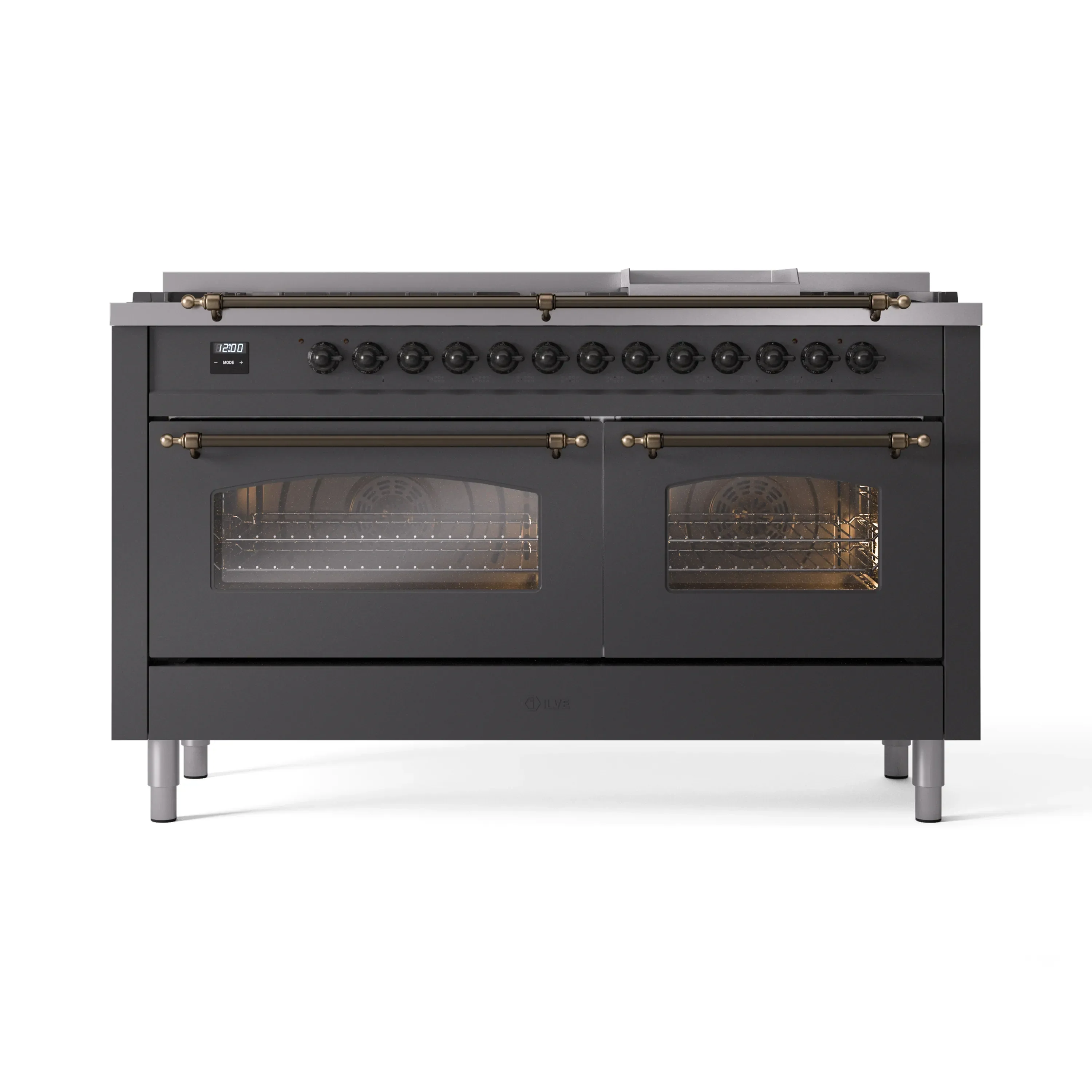 ILVE 60-Inch Nostalgie II Natural Gas Dual Fuel Range with 9 Burners, Griddle and Triple Glass Door Oven in Matte Graphite with Bronze Trim (UP60FNMPMGB) - Image 2