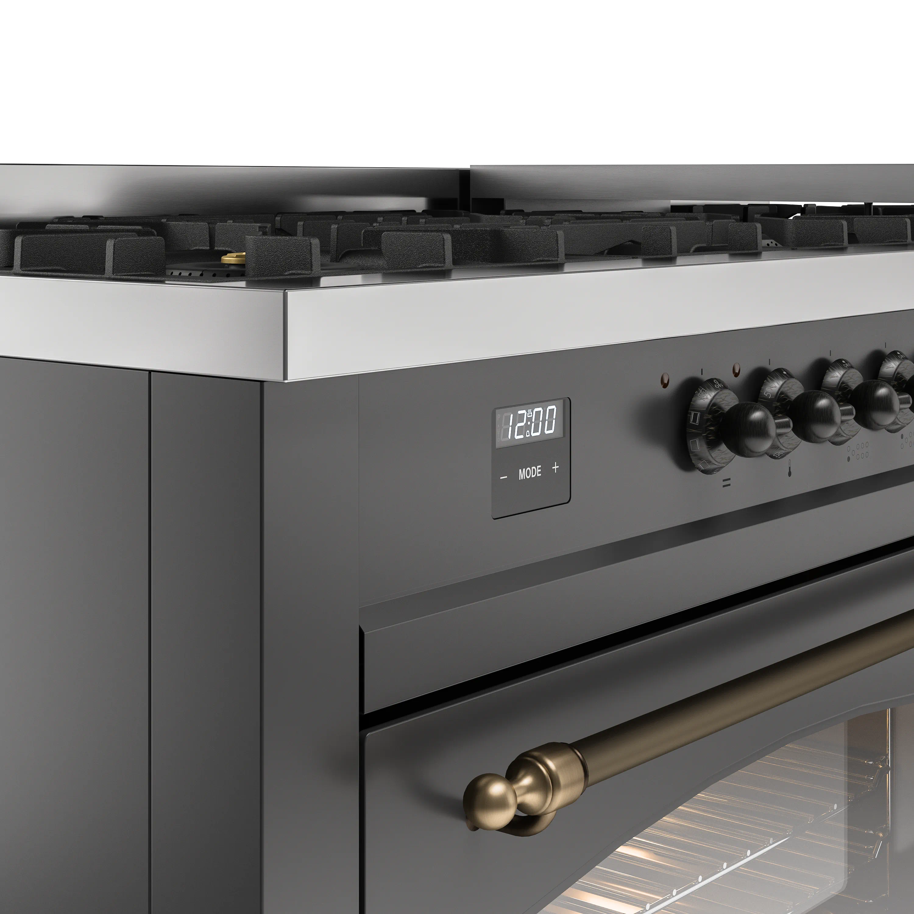 ILVE 60-Inch Nostalgie II Natural Gas Dual Fuel Range with 9 Burners, Griddle and Triple Glass Door Oven in Matte Graphite with Bronze Trim (UP60FNMPMGB) - Image 3
