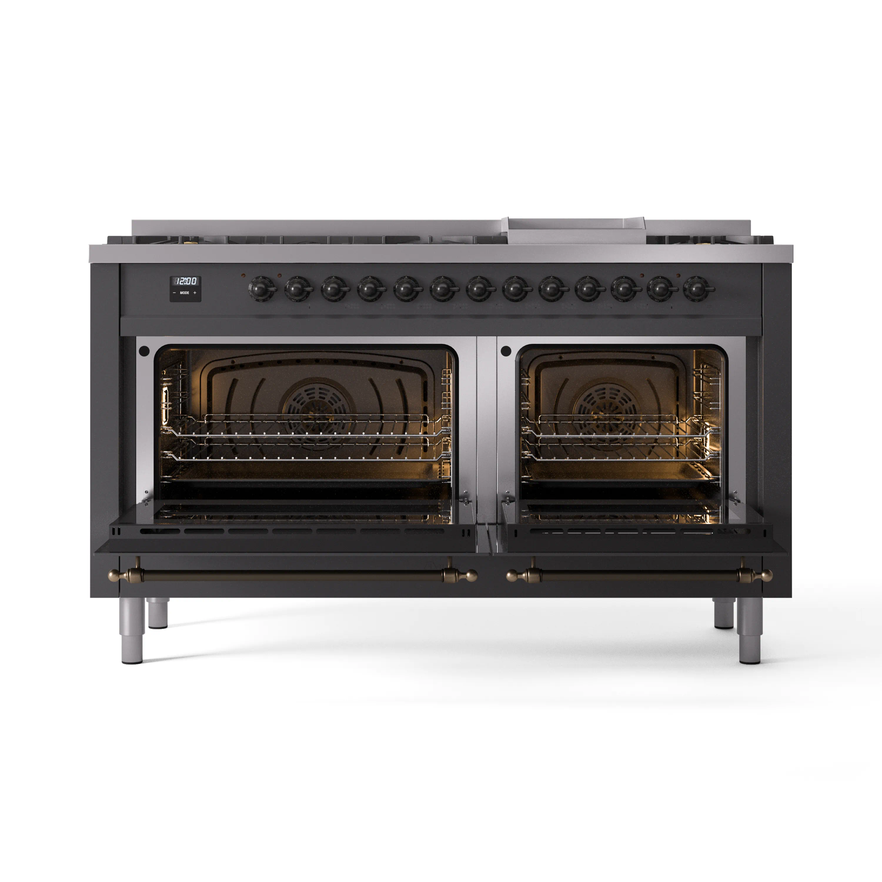 ILVE 60-Inch Nostalgie II Natural Gas Dual Fuel Range with 9 Burners, Griddle and Triple Glass Door Oven in Matte Graphite with Bronze Trim (UP60FNMPMGB) - Image 5