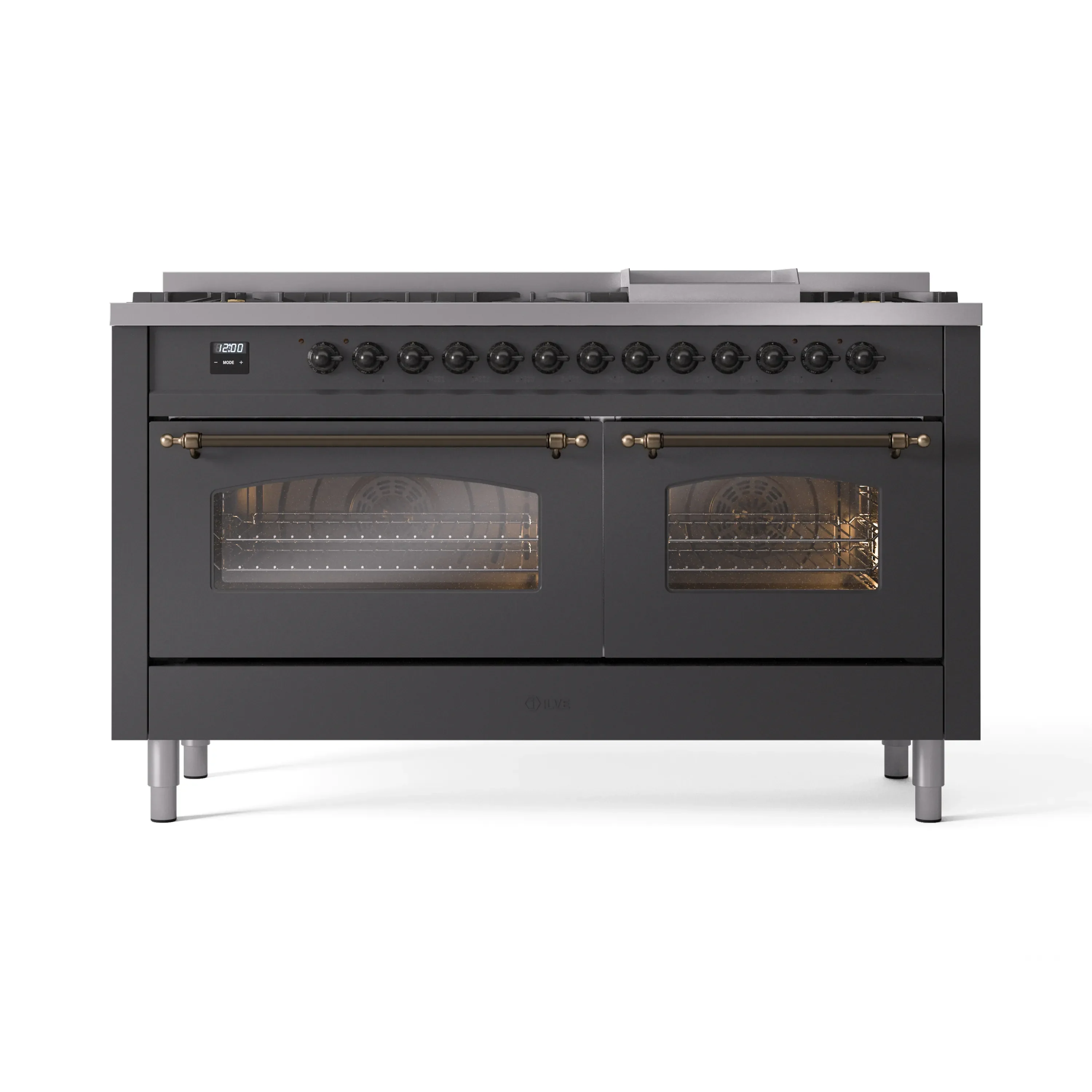 ILVE 60-Inch Nostalgie II Natural Gas Dual Fuel Range with 9 Burners, Griddle and Triple Glass Door Oven in Matte Graphite with Bronze Trim (UP60FNMPMGB) - Image 6