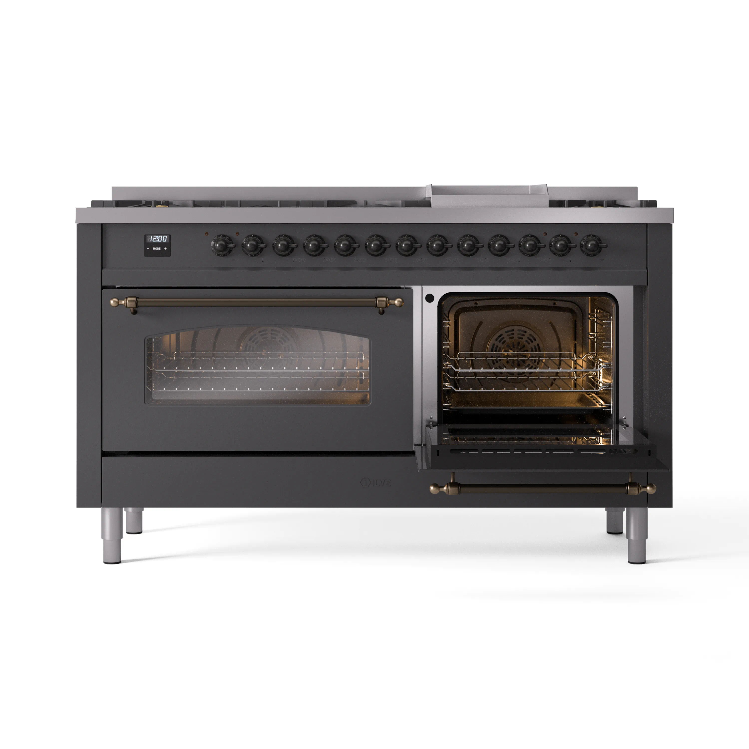 ILVE 60-Inch Nostalgie II Natural Gas Dual Fuel Range with 9 Burners, Griddle and Triple Glass Door Oven in Matte Graphite with Bronze Trim (UP60FNMPMGB) - Image 7