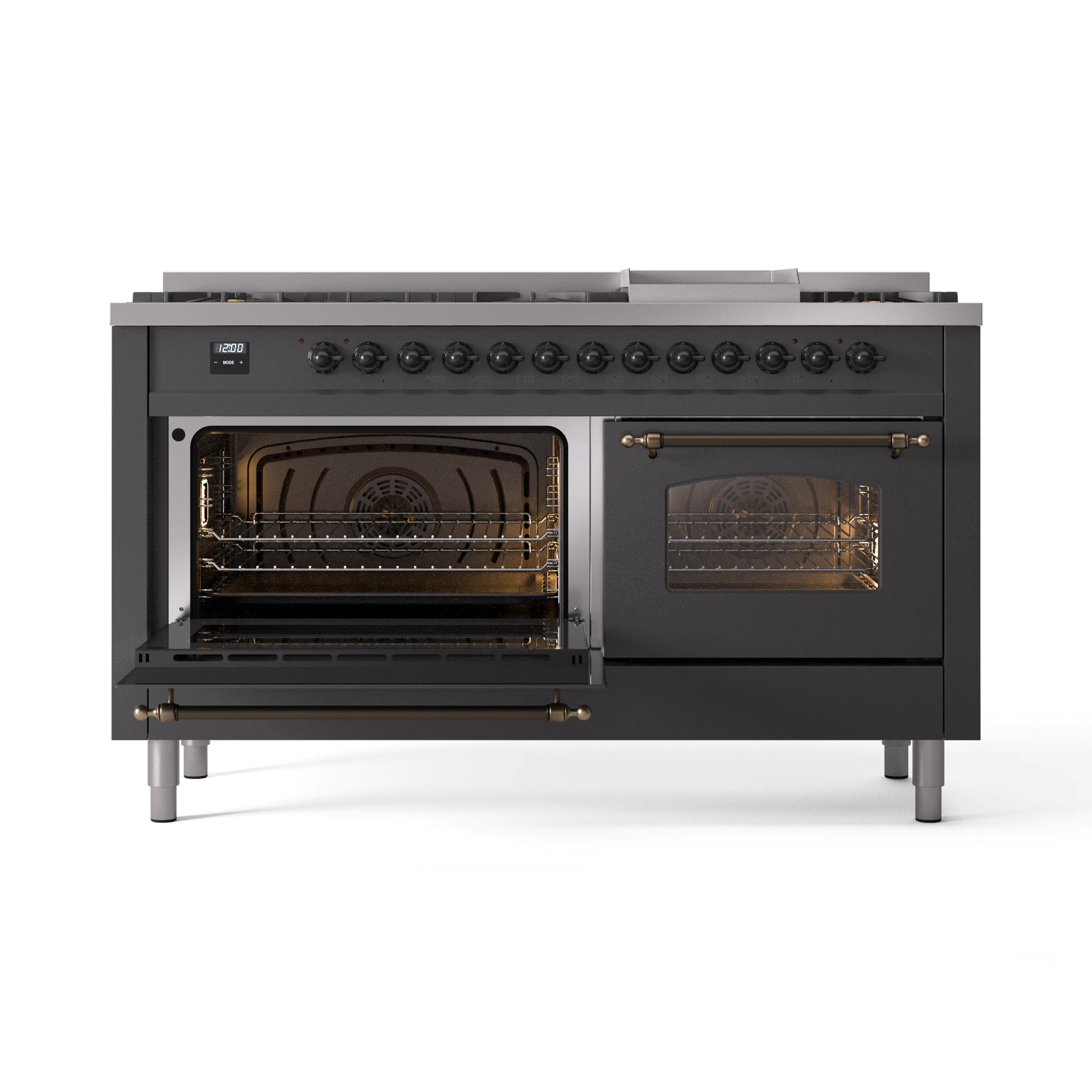 ILVE 60-Inch Nostalgie II Natural Gas Dual Fuel Range with 9 Burners, Griddle and Triple Glass Door Oven in Matte Graphite with Bronze Trim (UP60FNMPMGB) - Image 8