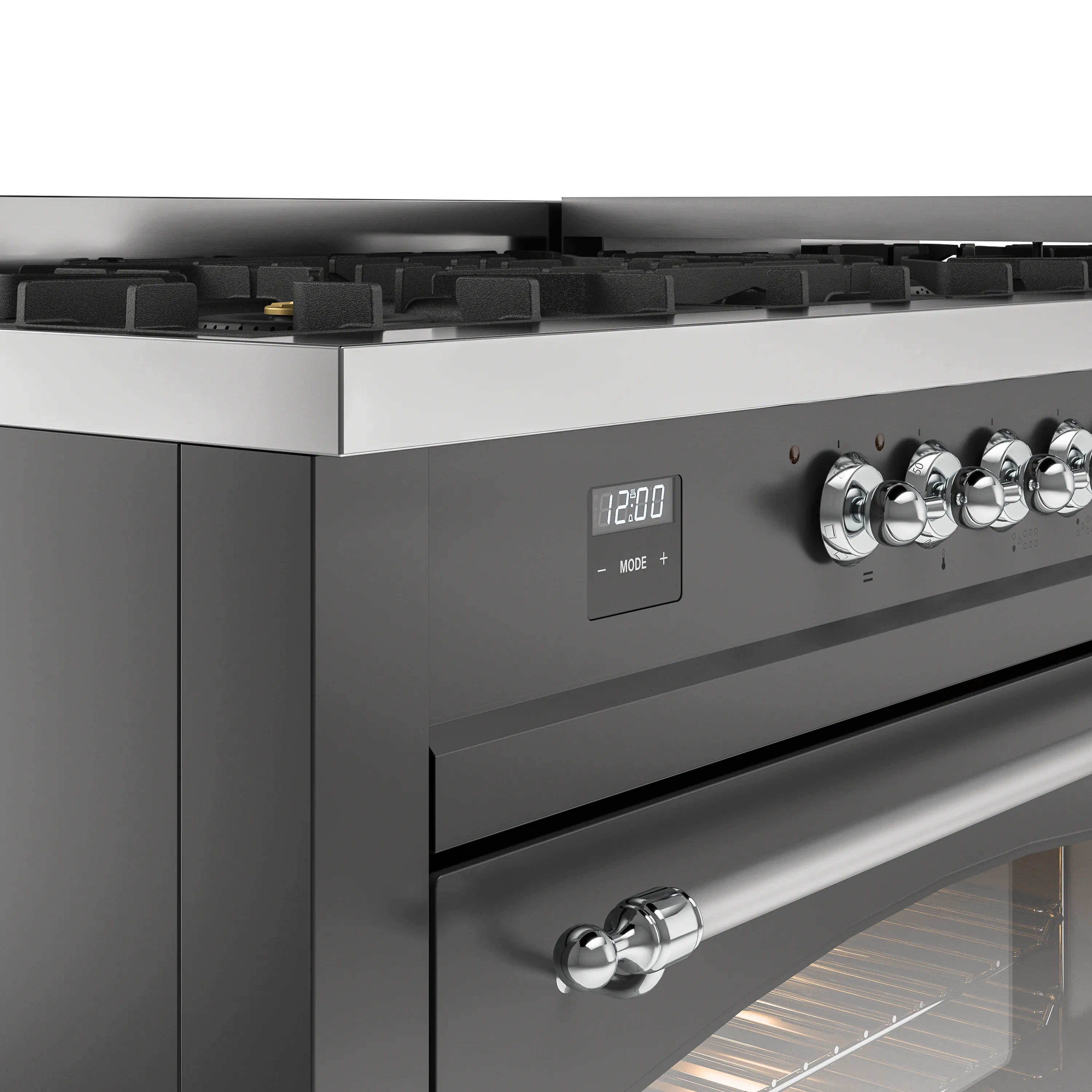 ILVE 60-Inch Nostalgie II Natural Gas Dual Fuel Range with 9 Burners, Griddle and Triple Glass Door Oven in Matte Graphite with Chrome Trim (UP60FNMPMGC) - Image 3