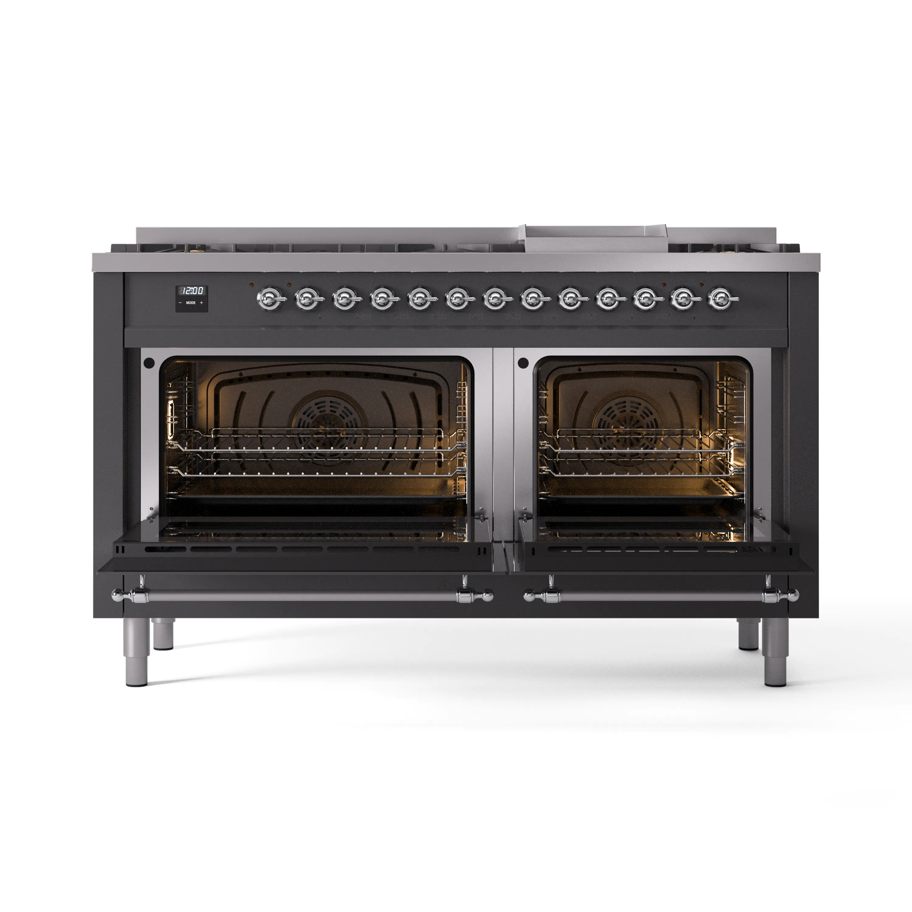 ILVE 60-Inch Nostalgie II Natural Gas Dual Fuel Range with 9 Burners, Griddle and Triple Glass Door Oven in Matte Graphite with Chrome Trim (UP60FNMPMGC) - Image 5