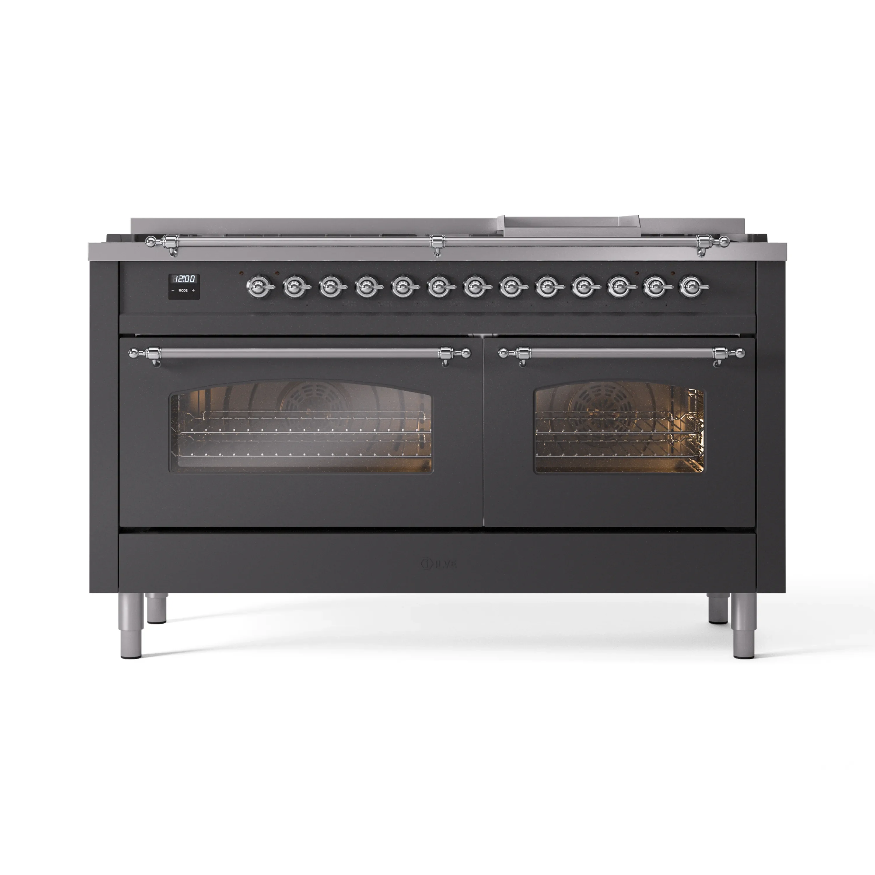 ILVE 60-Inch Nostalgie II Natural Gas Dual Fuel Range with 9 Burners, Griddle and Triple Glass Door Oven in Matte Graphite with Chrome Trim (UP60FNMPMGC) - Image 6