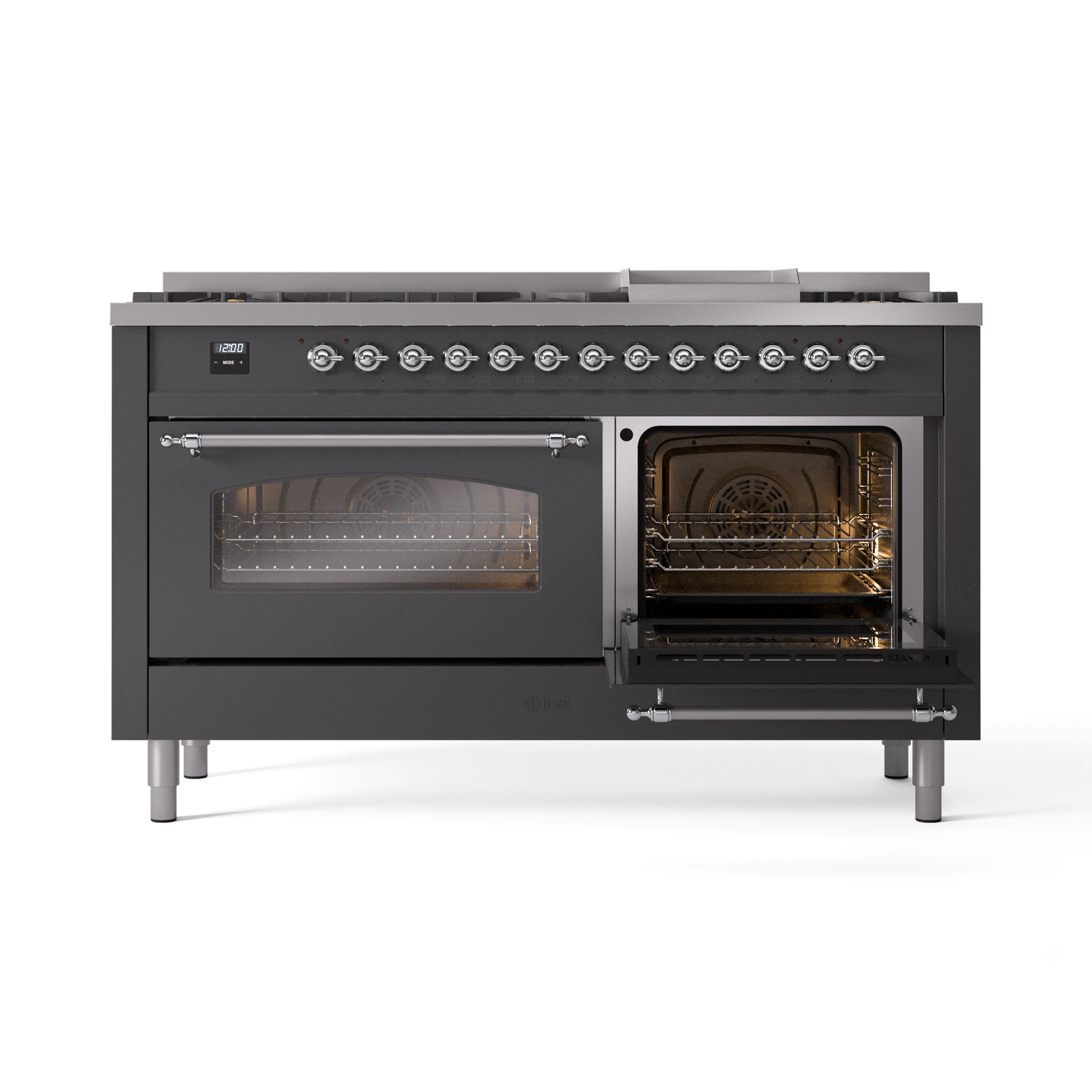 ILVE 60-Inch Nostalgie II Natural Gas Dual Fuel Range with 9 Burners, Griddle and Triple Glass Door Oven in Matte Graphite with Chrome Trim (UP60FNMPMGC) - Image 7