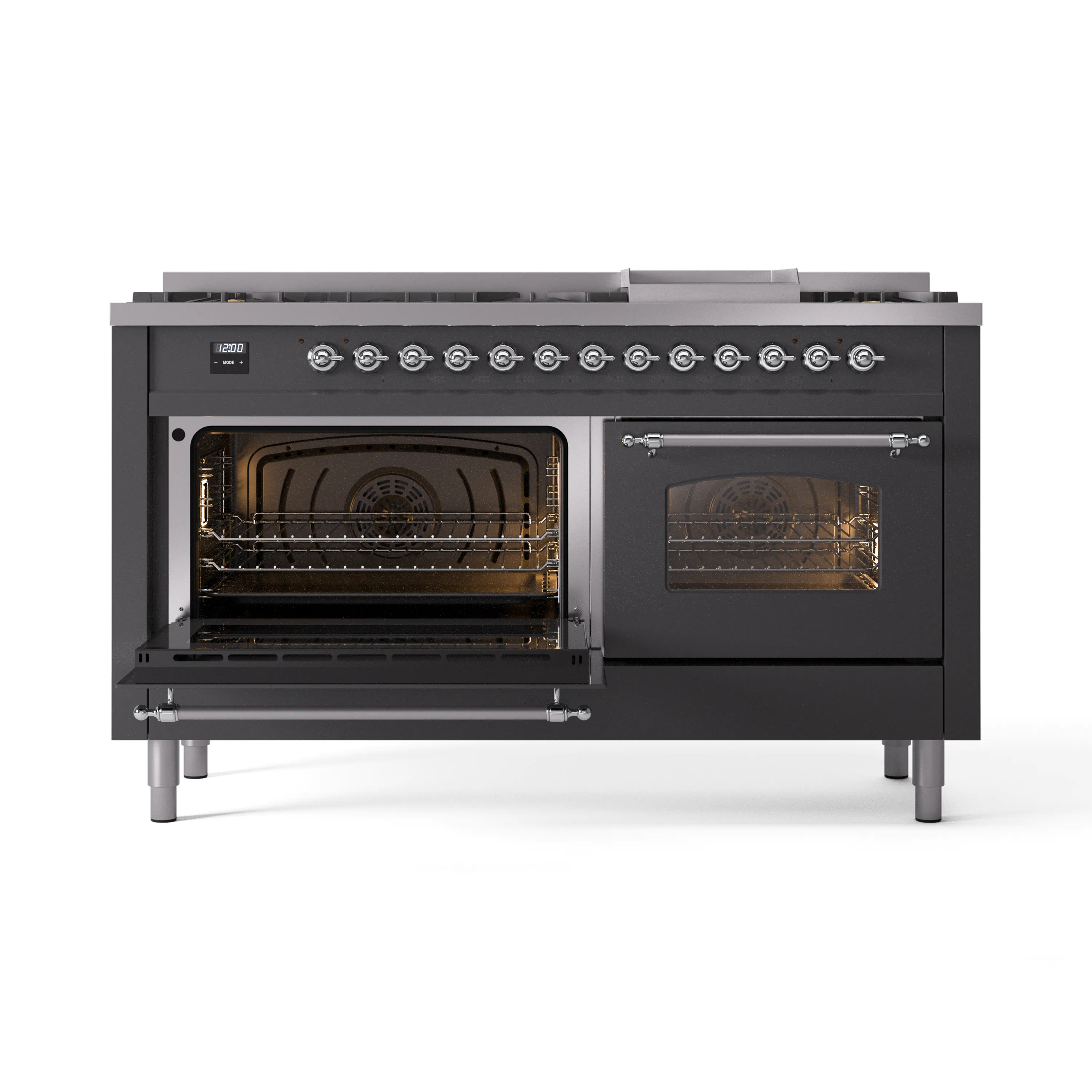 ILVE 60-Inch Nostalgie II Natural Gas Dual Fuel Range with 9 Burners, Griddle and Triple Glass Door Oven in Matte Graphite with Chrome Trim (UP60FNMPMGC) - Image 8
