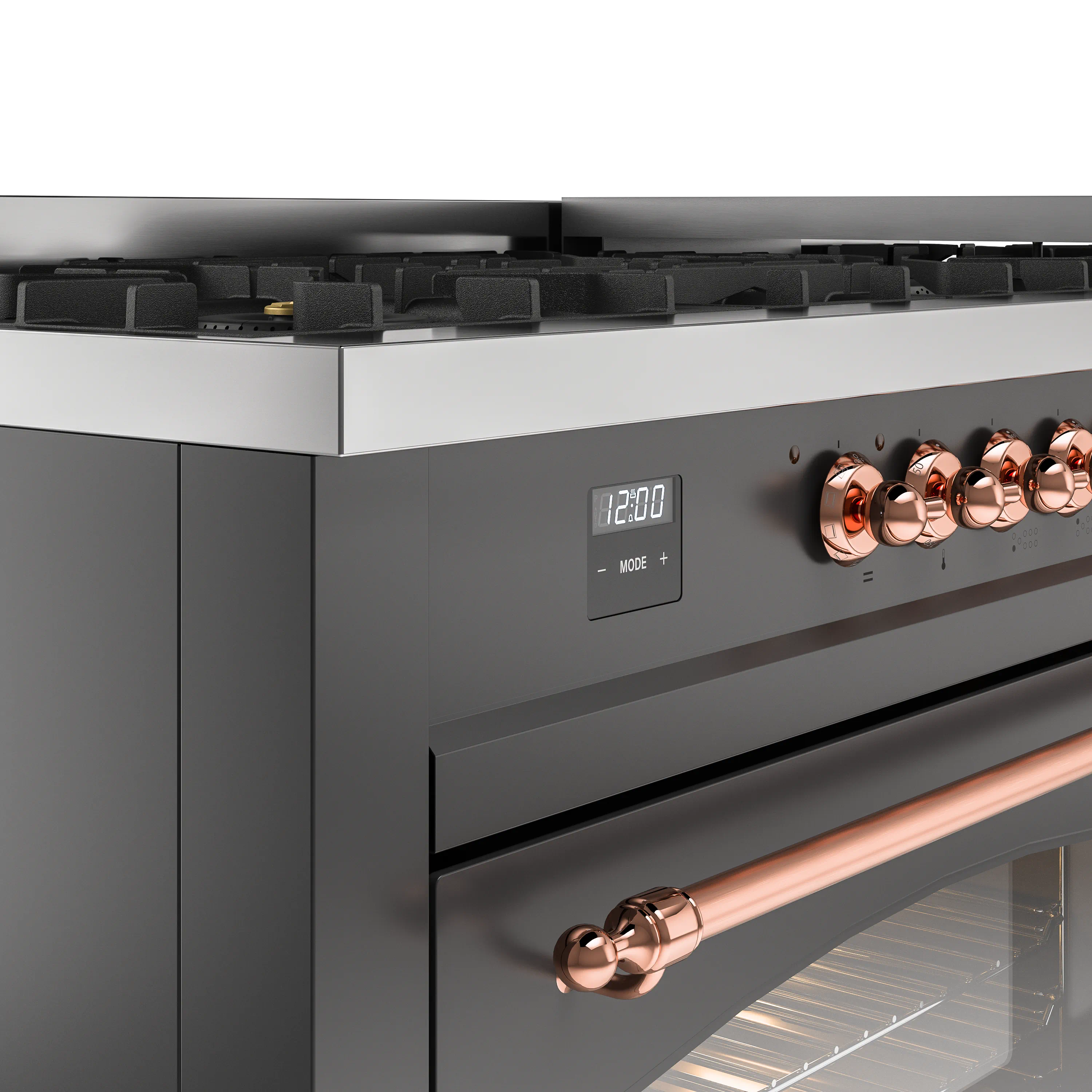 ILVE 60-Inch Nostalgie II Natural Gas Dual Fuel Range with 9 Burners, Griddle and Triple Glass Door Oven in Matte Graphite with Copper Trim (UP60FNMPMGP) - Image 3