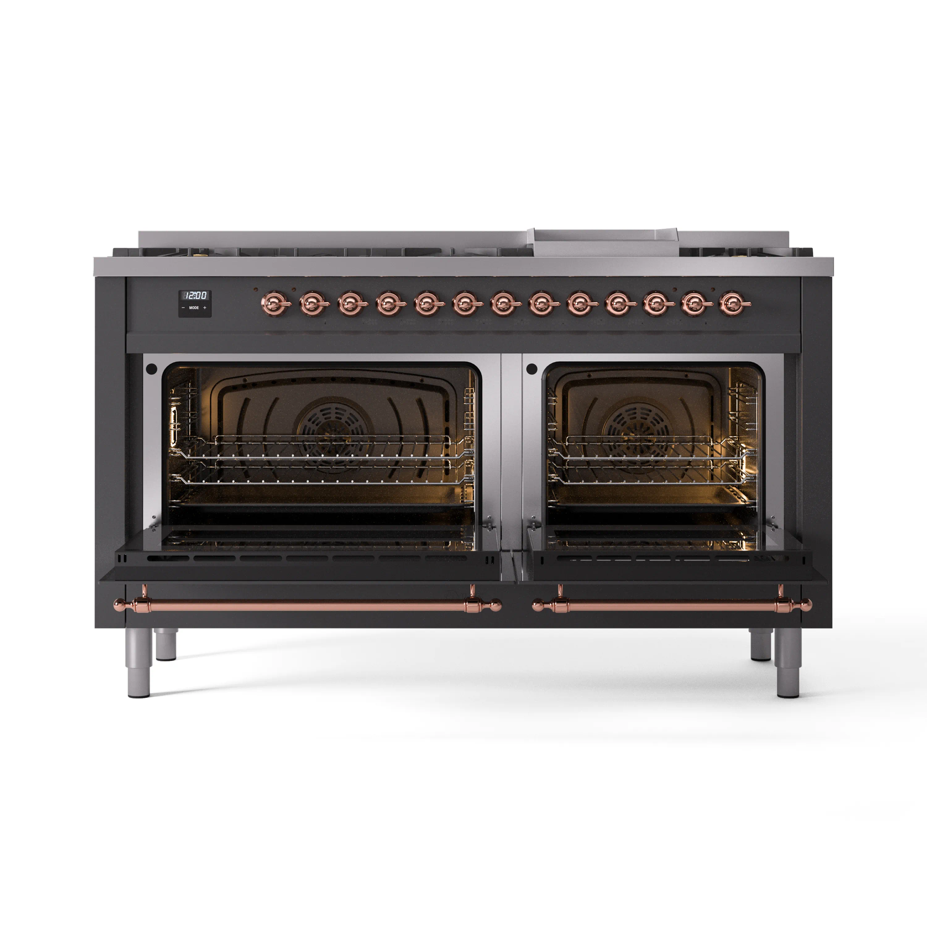 ILVE 60-Inch Nostalgie II Natural Gas Dual Fuel Range with 9 Burners, Griddle and Triple Glass Door Oven in Matte Graphite with Copper Trim (UP60FNMPMGP) - Image 5