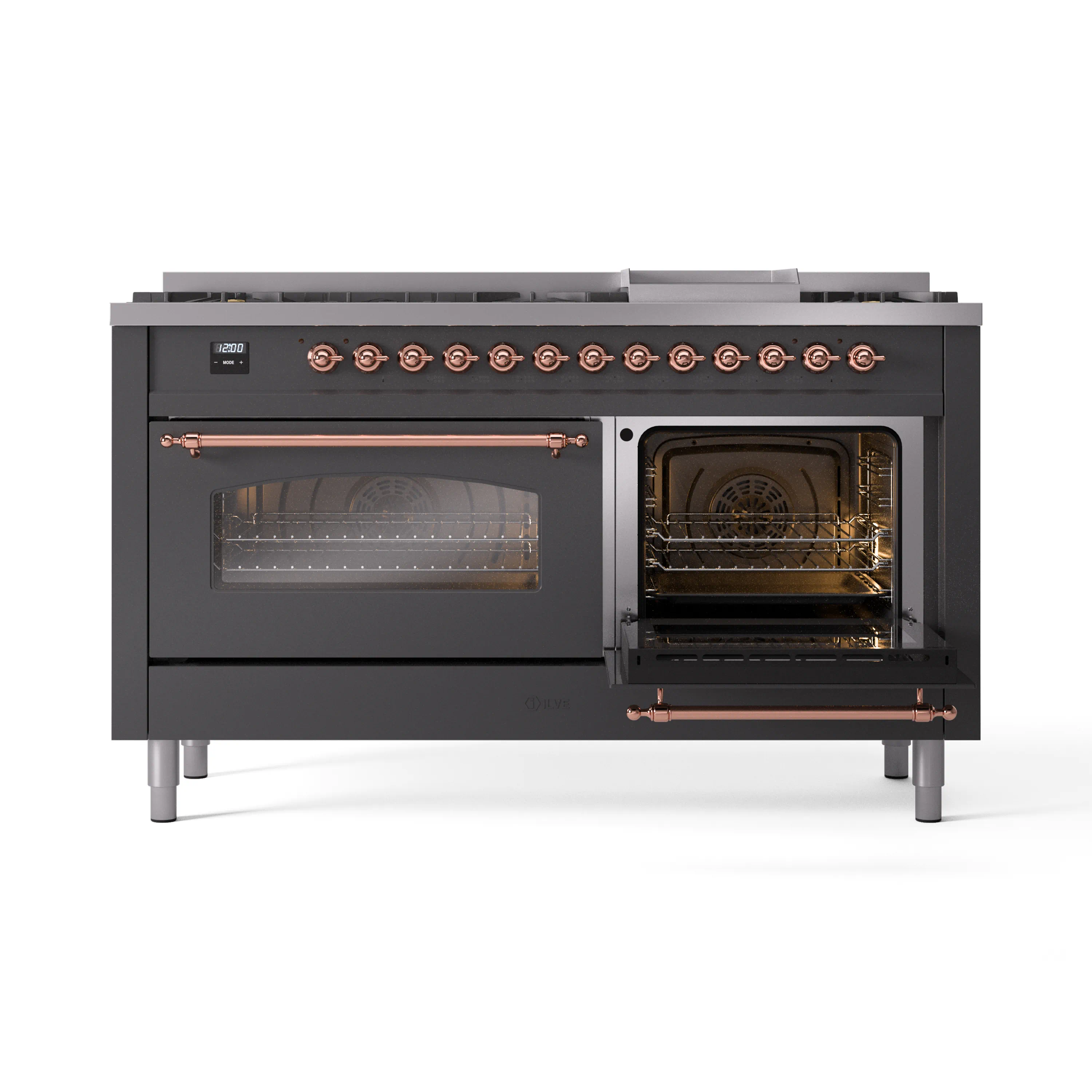 ILVE 60-Inch Nostalgie II Natural Gas Dual Fuel Range with 9 Burners, Griddle and Triple Glass Door Oven in Matte Graphite with Copper Trim (UP60FNMPMGP) - Image 7