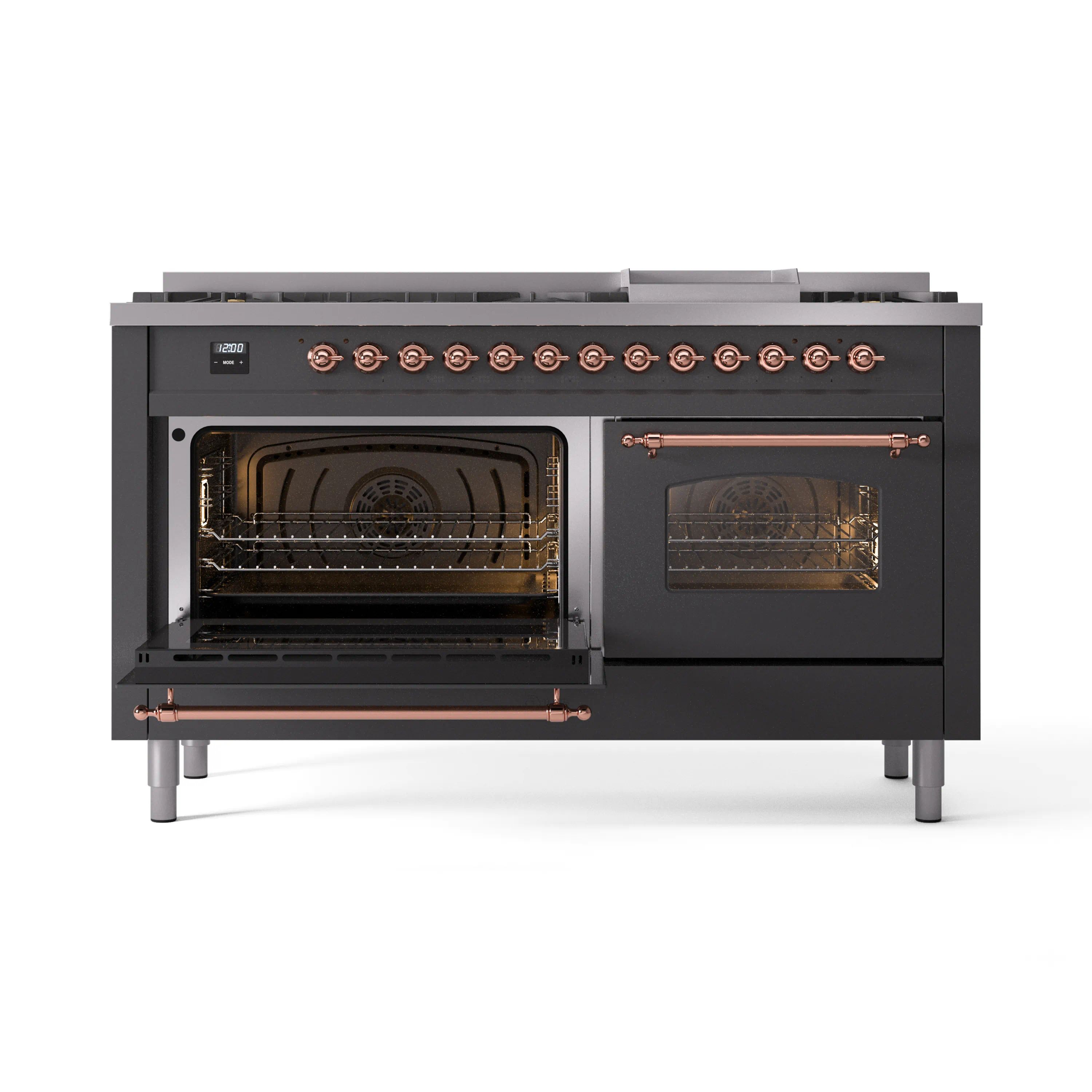 ILVE 60-Inch Nostalgie II Natural Gas Dual Fuel Range with 9 Burners, Griddle and Triple Glass Door Oven in Matte Graphite with Copper Trim (UP60FNMPMGP) - Image 8