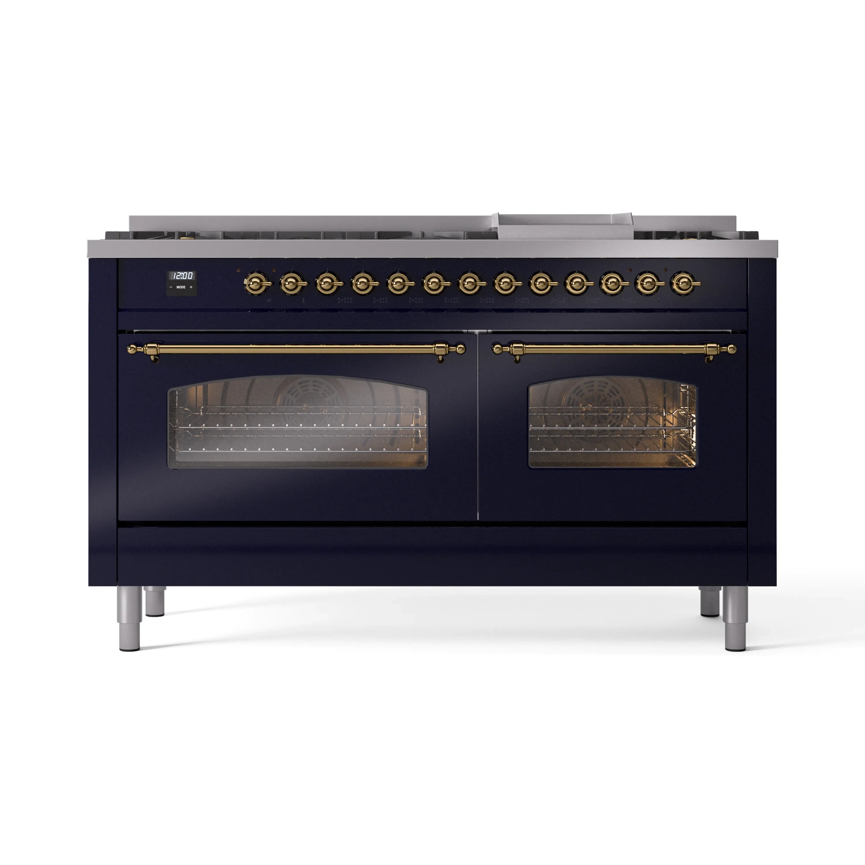 ILVE 60-Inch Nostalgie II Natural Gas Dual Fuel Range with 9 Burners, Griddle and Triple Glass Door Oven in Midnight Blue with Brass Trim (UP60FNMPMBG) - Image 10