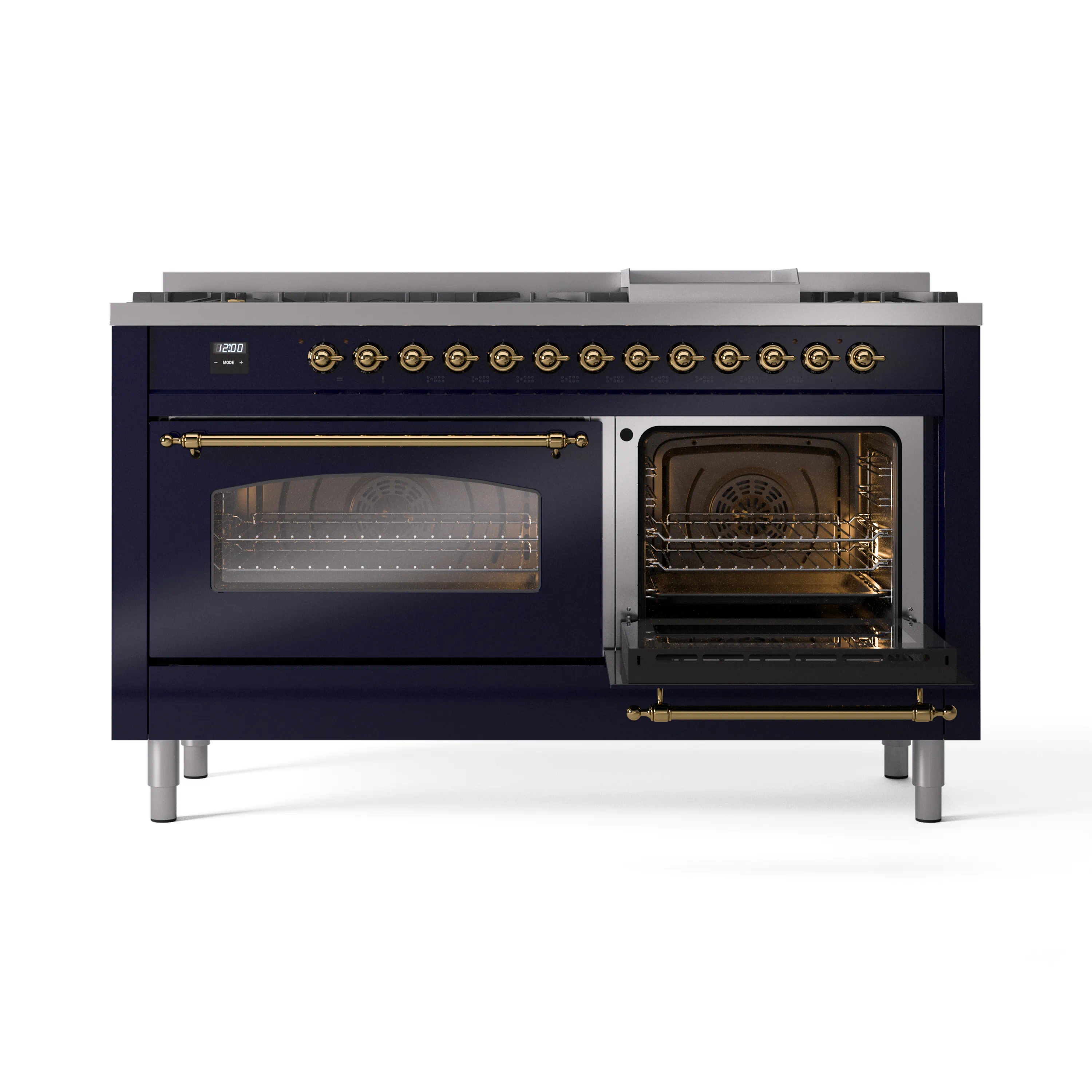 ILVE 60-Inch Nostalgie II Natural Gas Dual Fuel Range with 9 Burners, Griddle and Triple Glass Door Oven in Midnight Blue with Brass Trim (UP60FNMPMBG) - Image 3