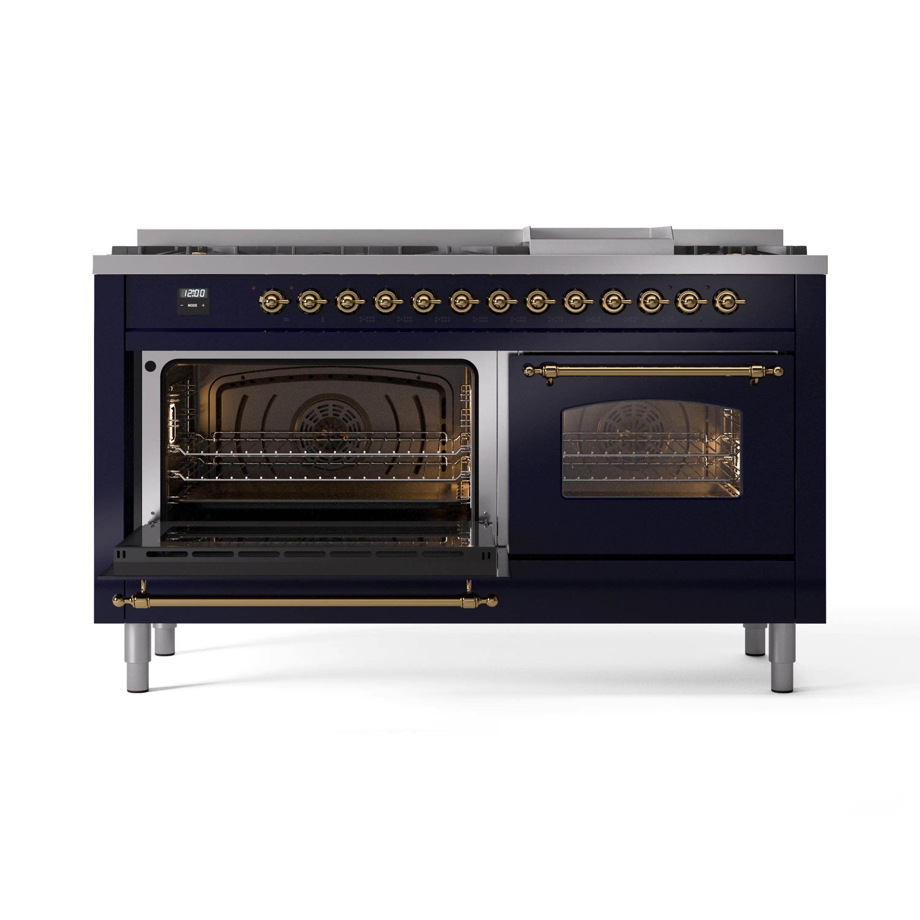 ILVE 60-Inch Nostalgie II Natural Gas Dual Fuel Range with 9 Burners, Griddle and Triple Glass Door Oven in Midnight Blue with Brass Trim (UP60FNMPMBG) - Image 4