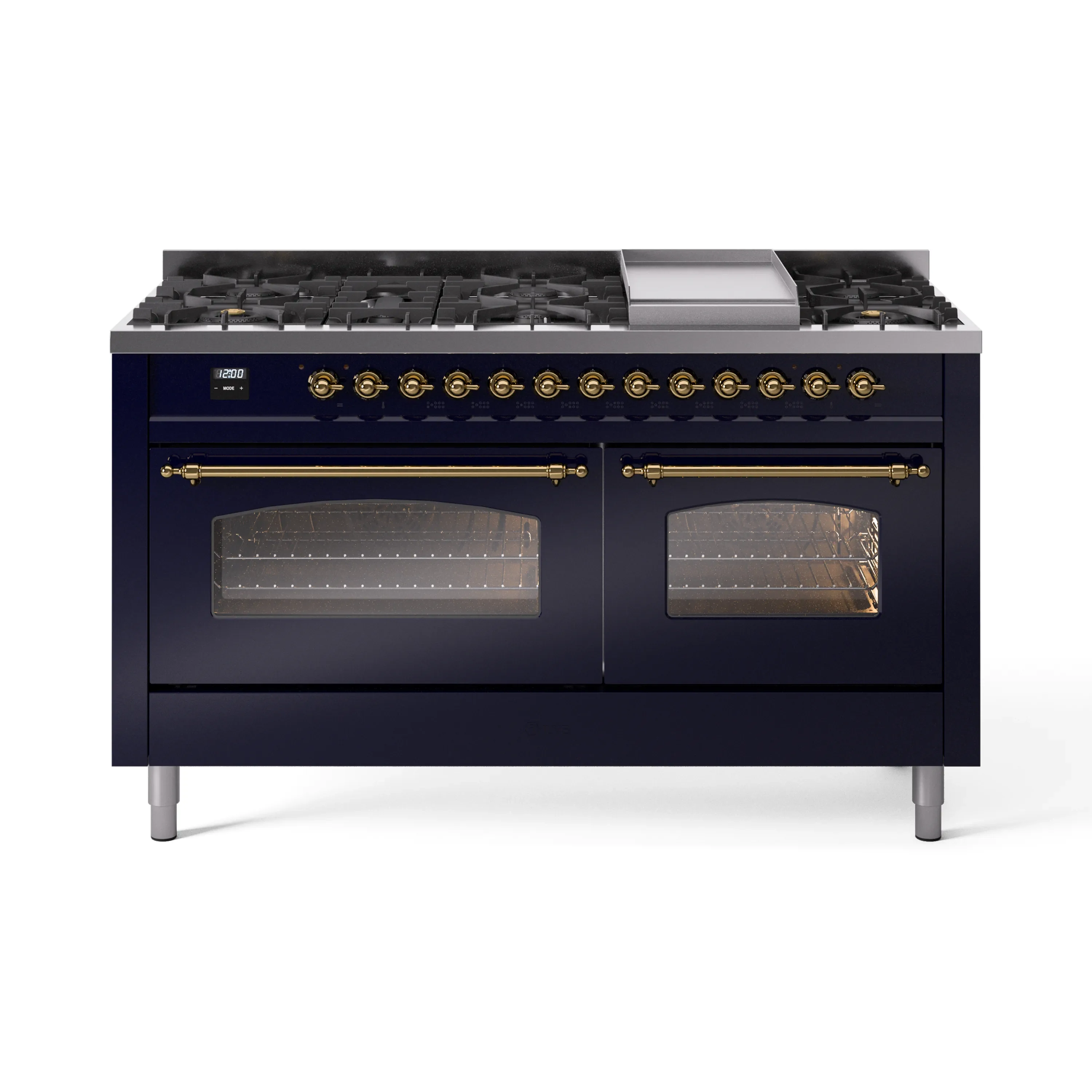 ILVE 60-Inch Nostalgie II Natural Gas Dual Fuel Range with 9 Burners, Griddle and Triple Glass Door Oven in Midnight Blue with Brass Trim (UP60FNMPMBG) - Image 5