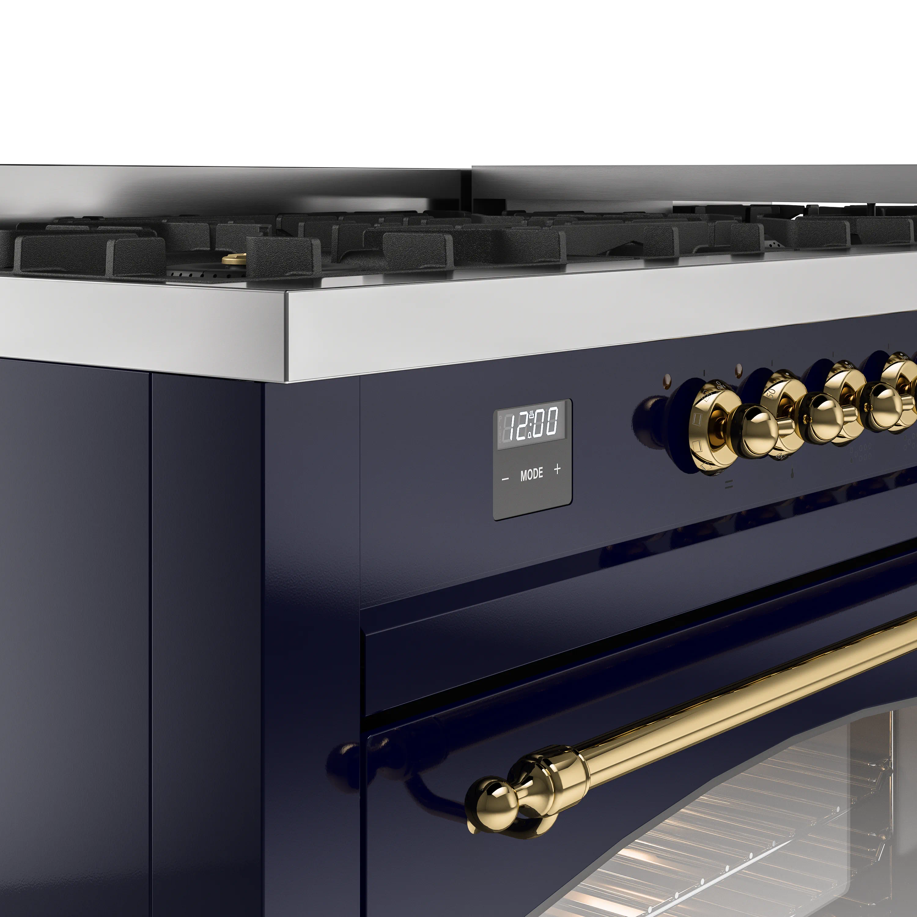 ILVE 60-Inch Nostalgie II Natural Gas Dual Fuel Range with 9 Burners, Griddle and Triple Glass Door Oven in Midnight Blue with Brass Trim (UP60FNMPMBG) - Image 9