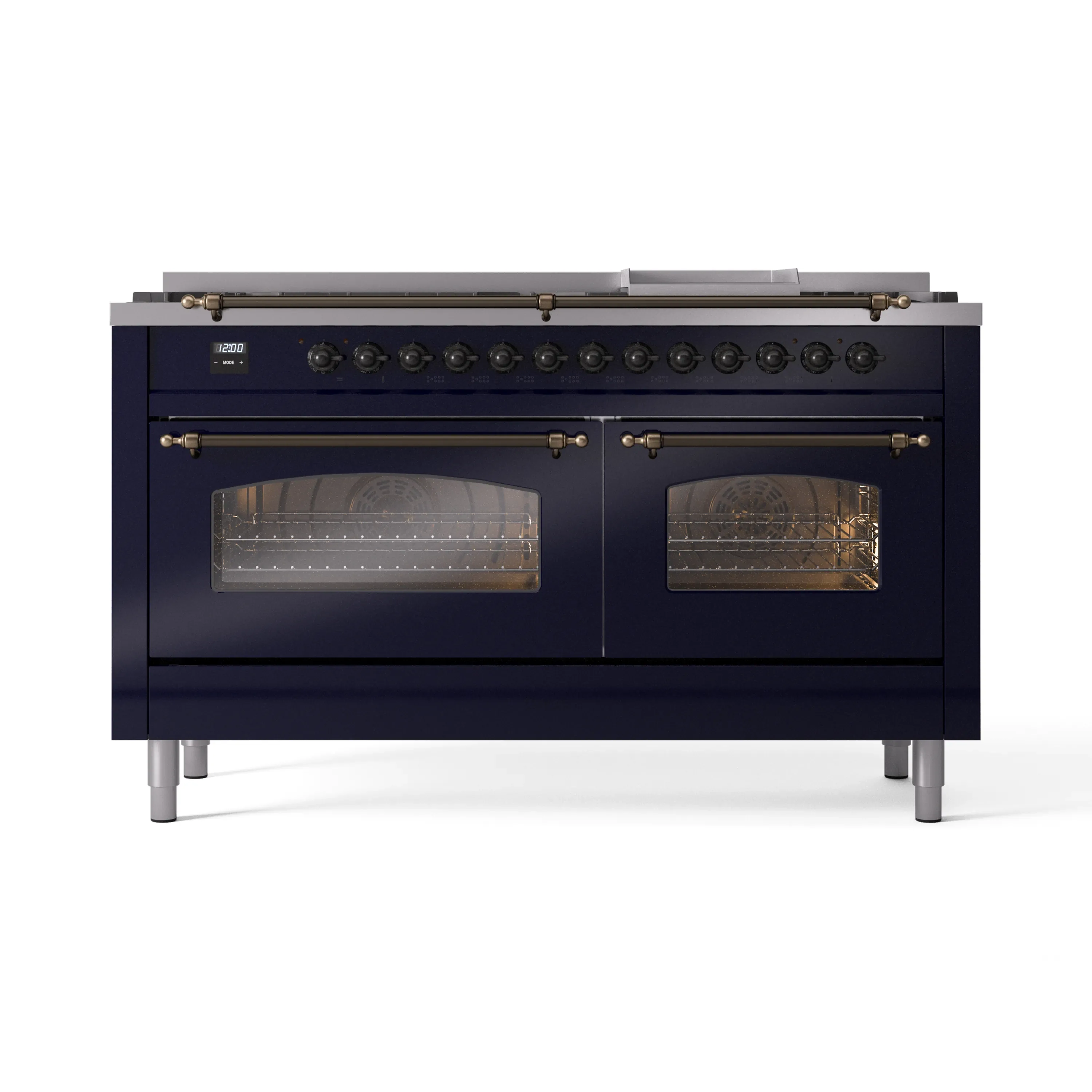 ILVE 60-Inch Nostalgie II Natural Gas Dual Fuel Range with 9 Burners, Griddle and Triple Glass Door Oven in Midnight Blue with Bronze Trim (UP60FNMPMBB) - Image 2