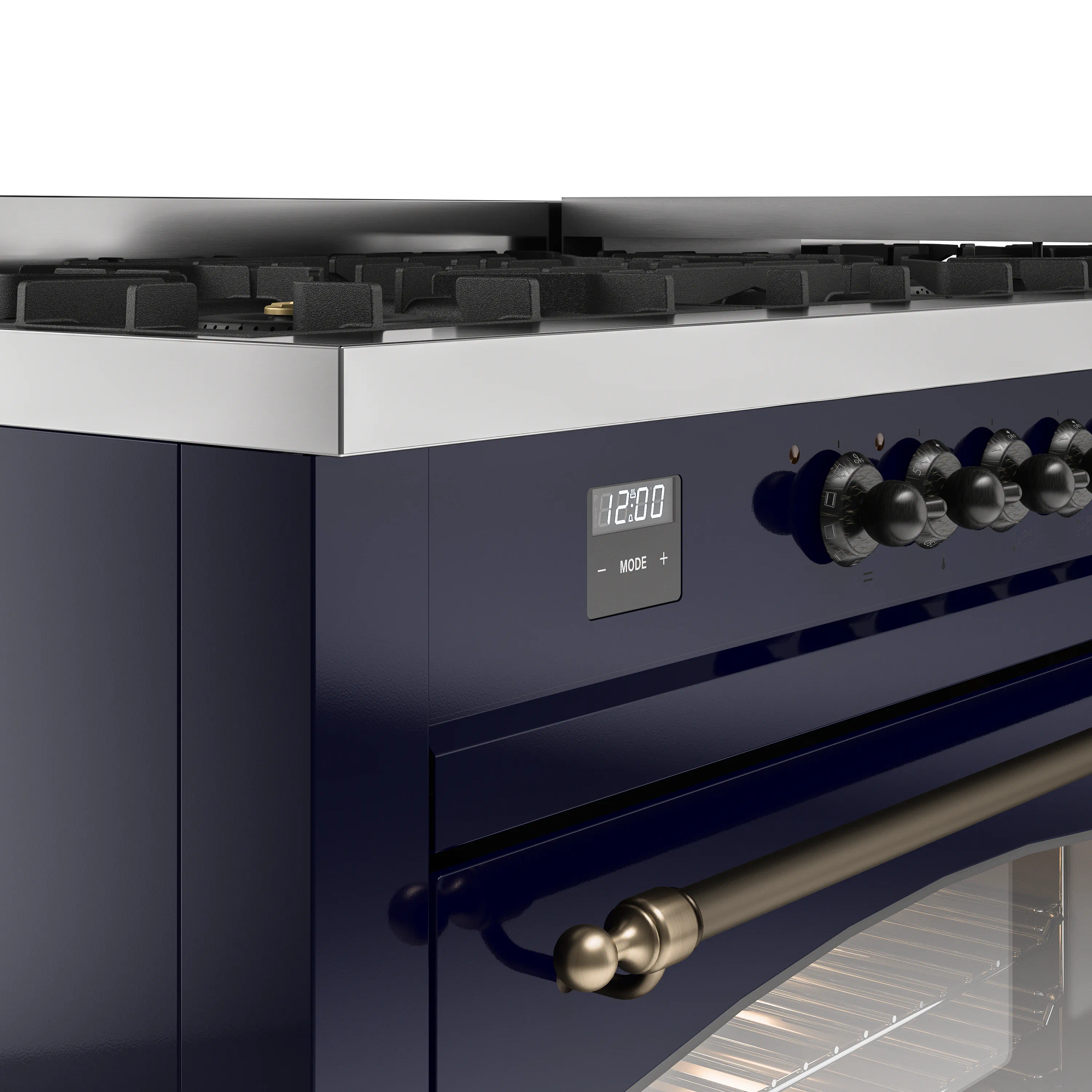 ILVE 60-Inch Nostalgie II Natural Gas Dual Fuel Range with 9 Burners, Griddle and Triple Glass Door Oven in Midnight Blue with Bronze Trim (UP60FNMPMBB) - Image 3