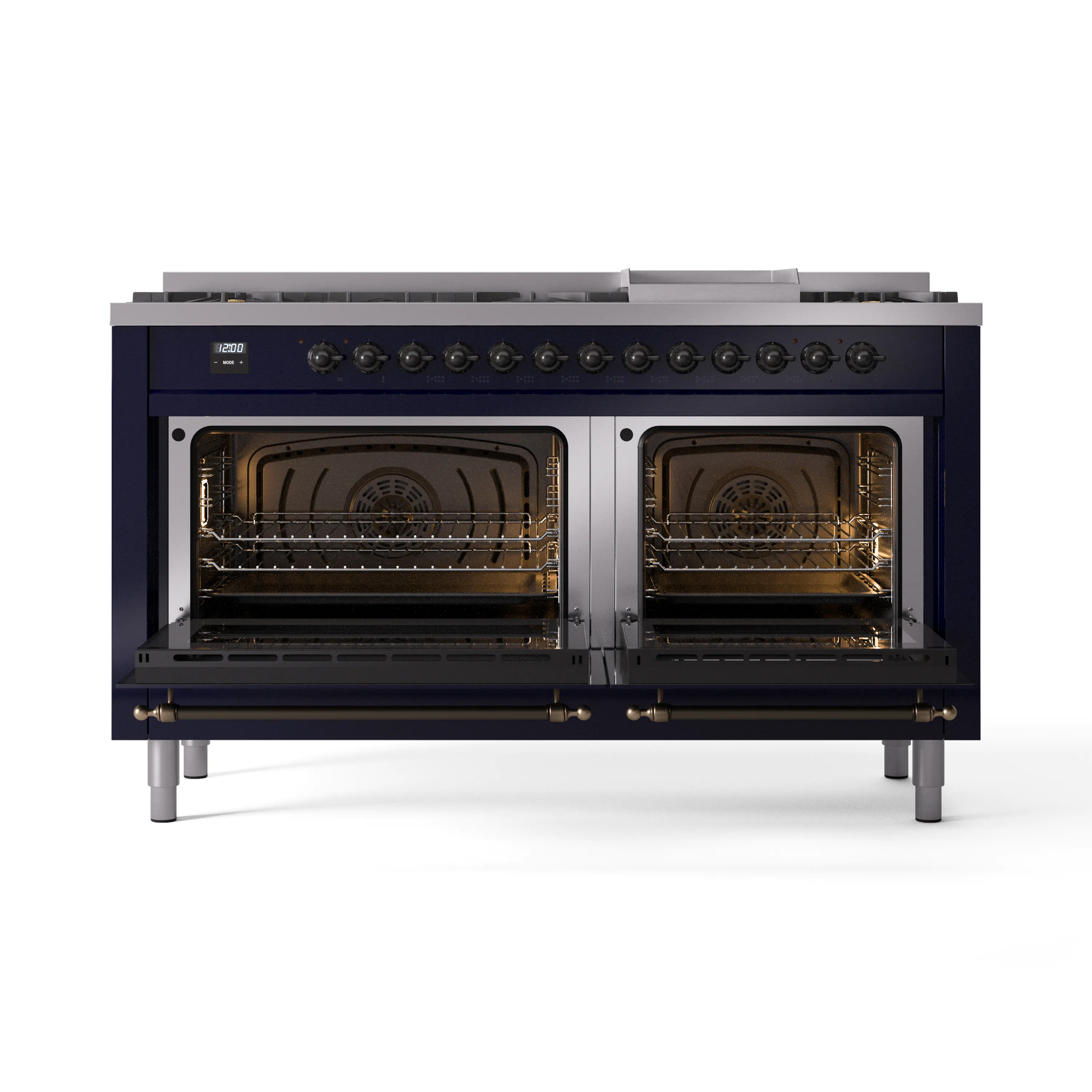 ILVE 60-Inch Nostalgie II Natural Gas Dual Fuel Range with 9 Burners, Griddle and Triple Glass Door Oven in Midnight Blue with Bronze Trim (UP60FNMPMBB) - Image 6