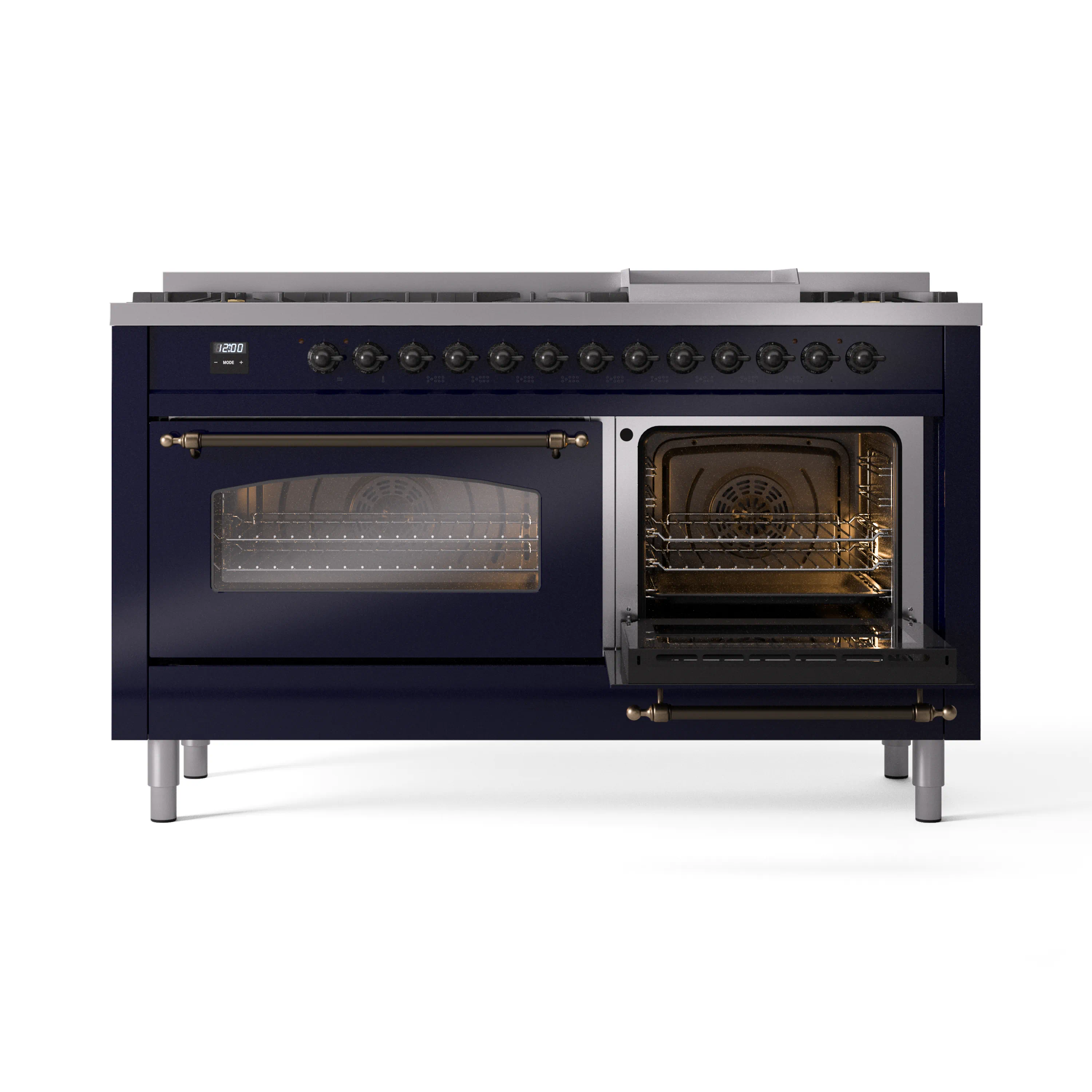 ILVE 60-Inch Nostalgie II Natural Gas Dual Fuel Range with 9 Burners, Griddle and Triple Glass Door Oven in Midnight Blue with Bronze Trim (UP60FNMPMBB) - Image 7