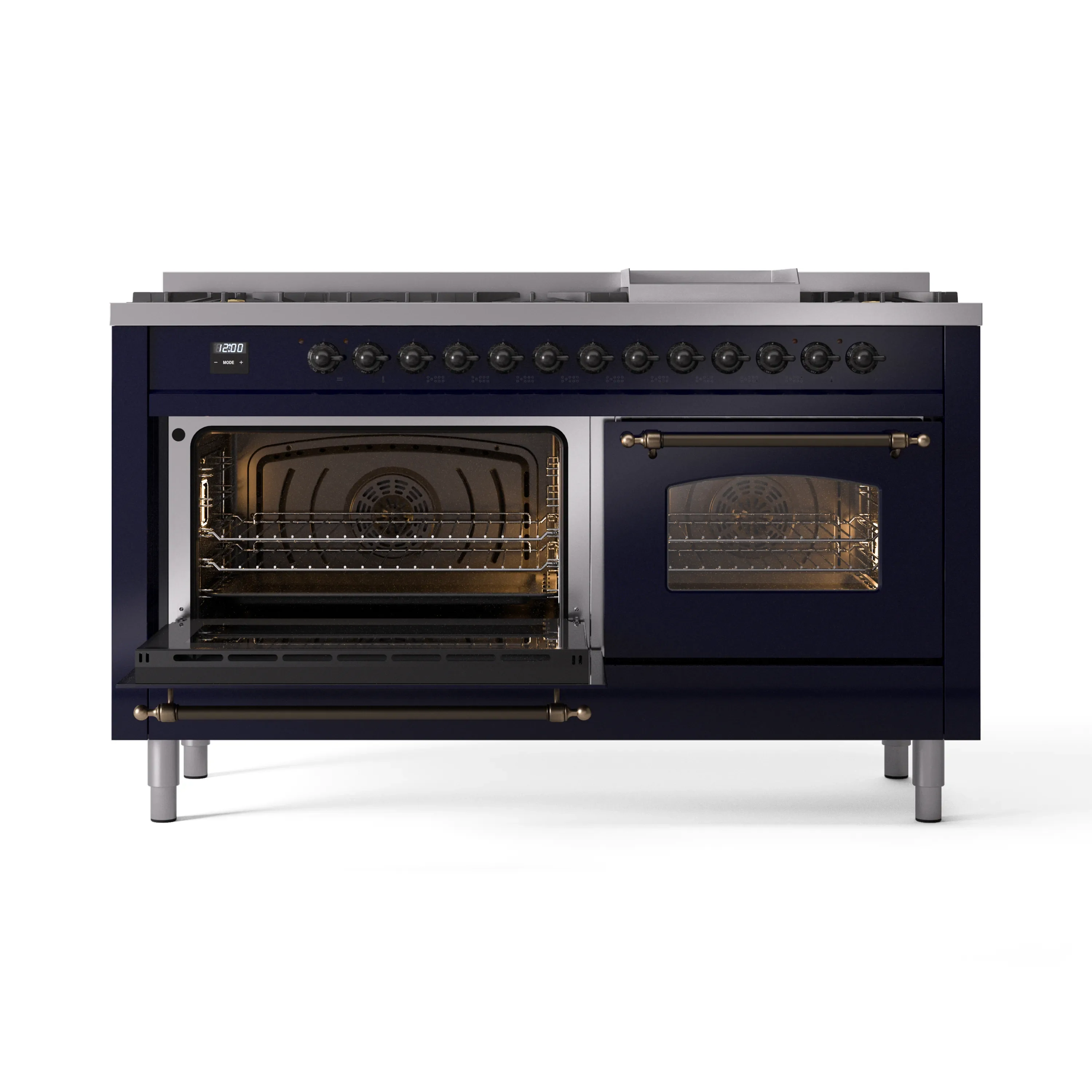 ILVE 60-Inch Nostalgie II Natural Gas Dual Fuel Range with 9 Burners, Griddle and Triple Glass Door Oven in Midnight Blue with Bronze Trim (UP60FNMPMBB) - Image 8