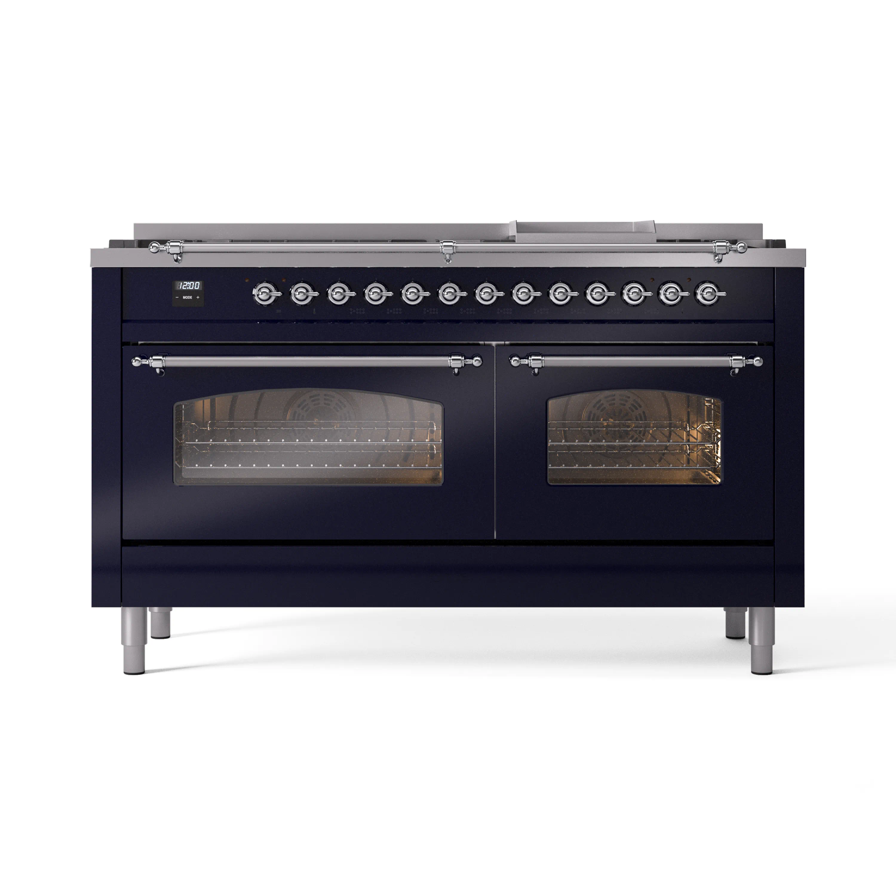 ILVE 60-Inch Nostalgie II Natural Gas Dual Fuel Range with 9 Burners, Griddle and Triple Glass Door Oven in Midnight Blue with Chrome Trim (UP60FNMPMBC) - Image 2
