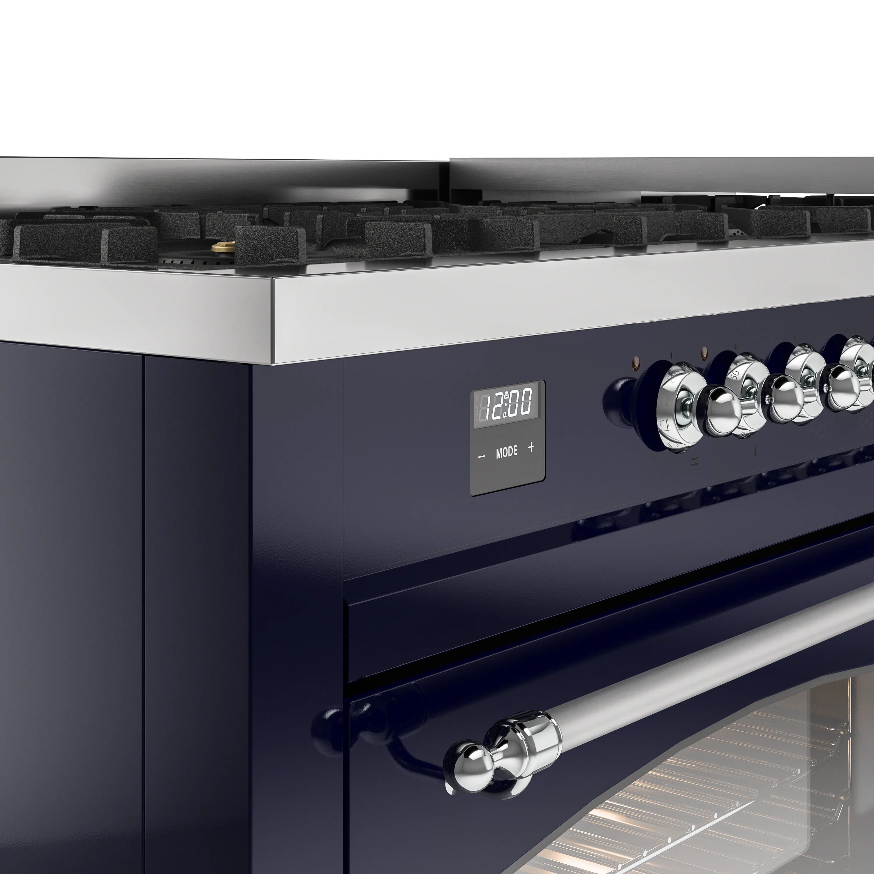 ILVE 60-Inch Nostalgie II Natural Gas Dual Fuel Range with 9 Burners, Griddle and Triple Glass Door Oven in Midnight Blue with Chrome Trim (UP60FNMPMBC) - Image 3