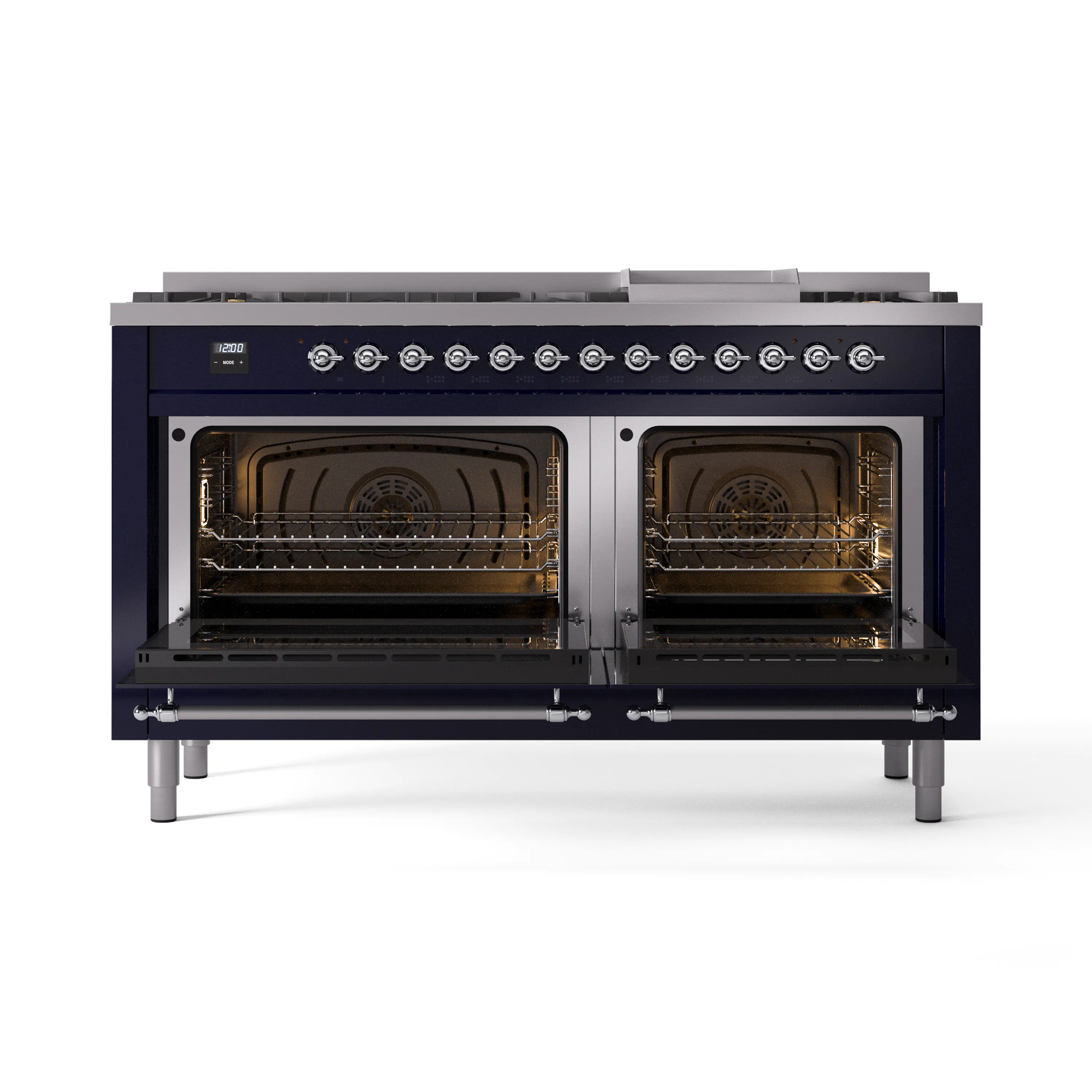 ILVE 60-Inch Nostalgie II Natural Gas Dual Fuel Range with 9 Burners, Griddle and Triple Glass Door Oven in Midnight Blue with Chrome Trim (UP60FNMPMBC) - Image 5
