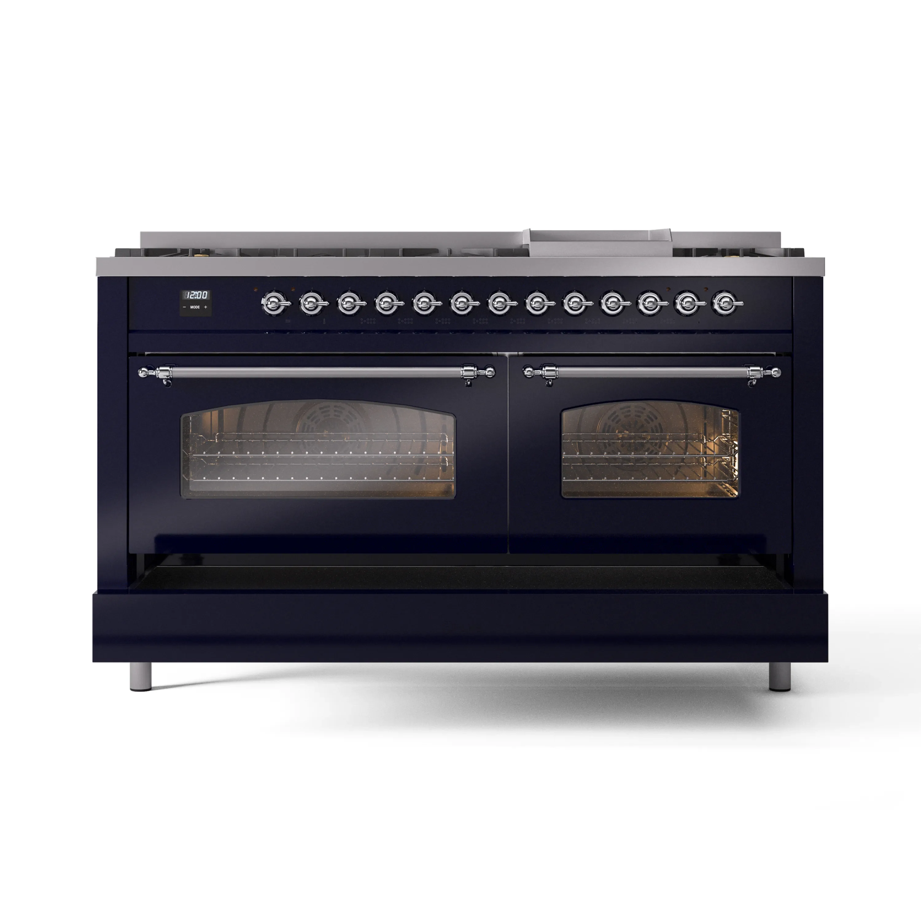 ILVE 60-Inch Nostalgie II Natural Gas Dual Fuel Range with 9 Burners, Griddle and Triple Glass Door Oven in Midnight Blue with Chrome Trim (UP60FNMPMBC) - Image 6