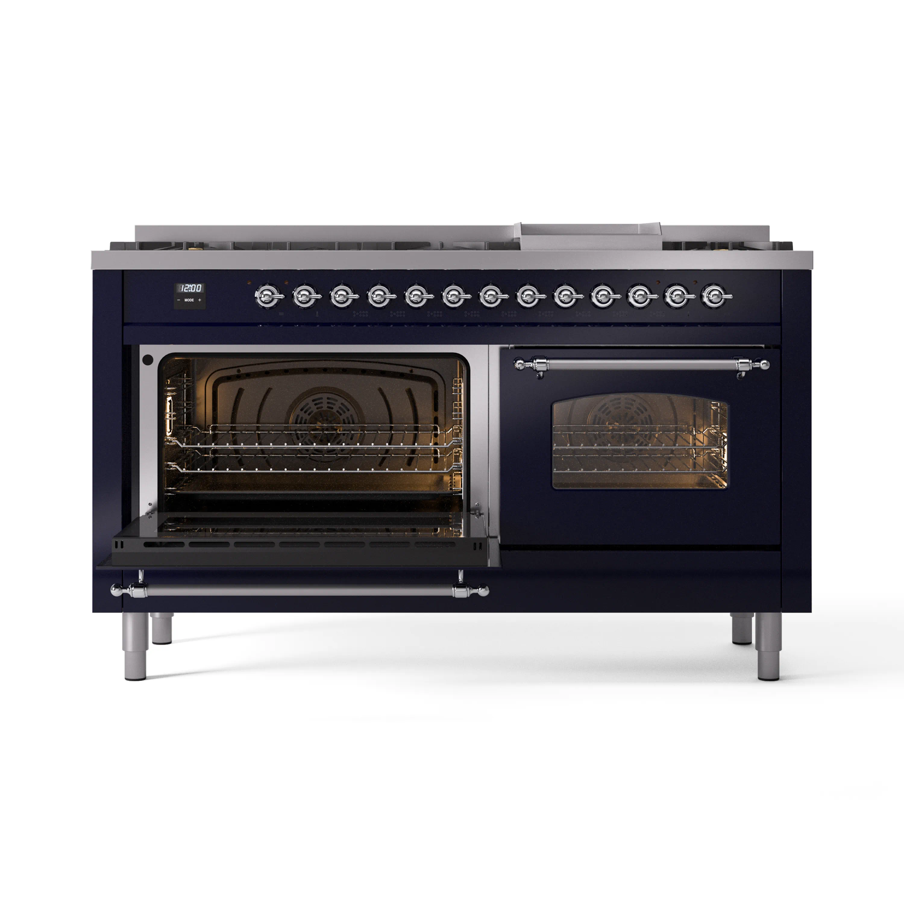 ILVE 60-Inch Nostalgie II Natural Gas Dual Fuel Range with 9 Burners, Griddle and Triple Glass Door Oven in Midnight Blue with Chrome Trim (UP60FNMPMBC) - Image 7