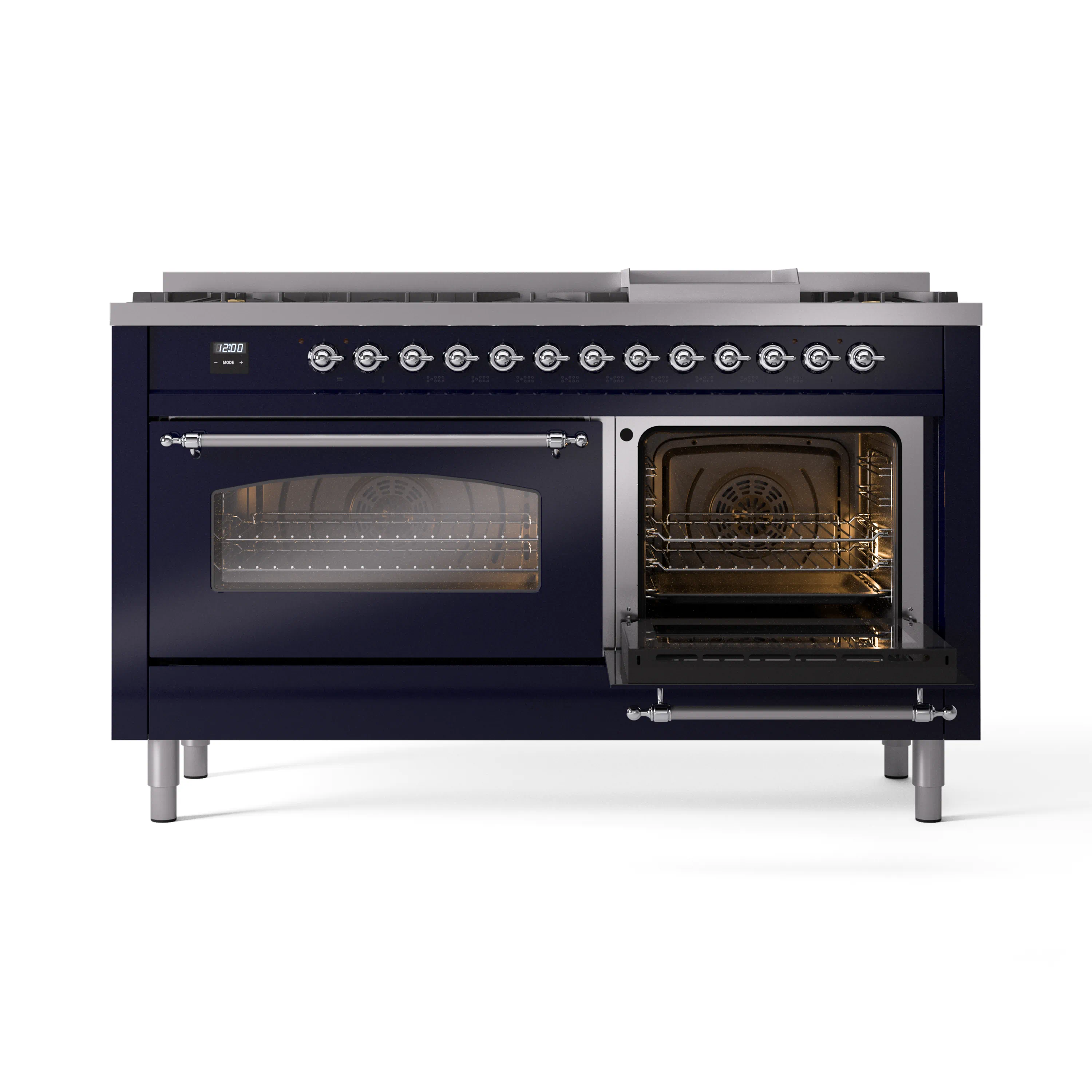 ILVE 60-Inch Nostalgie II Natural Gas Dual Fuel Range with 9 Burners, Griddle and Triple Glass Door Oven in Midnight Blue with Chrome Trim (UP60FNMPMBC) - Image 8
